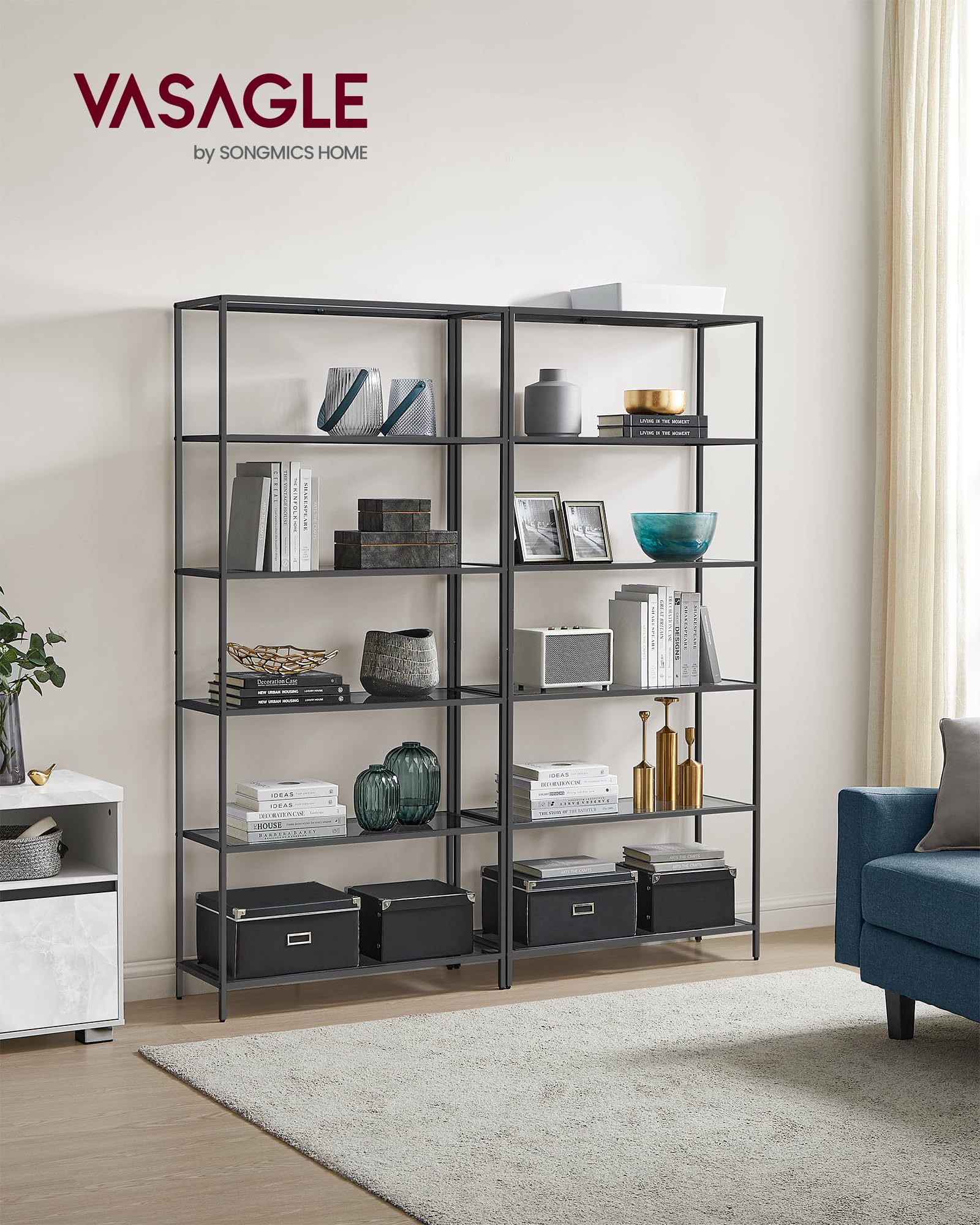 Vasagle Bookcase, 6-Tier Bookshelf, Slim Shelving Unit For Bedroom, Bathroom, Home Office, Tempered Glass, Steel Frame, Ink Black And Slate Gray Ulgt503G01