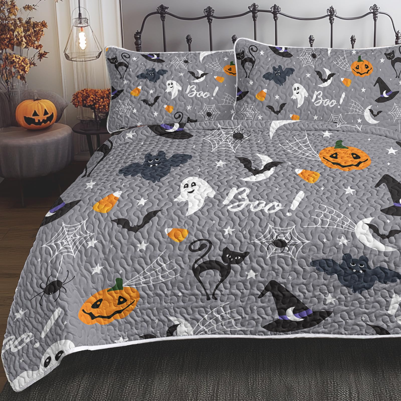 Blessliving Halloween Cute Witch And Cat Grey Quilt Set Gray Pumpkin Halloween Patterns Ghost, Trendy Happy Halloween Coverlet F