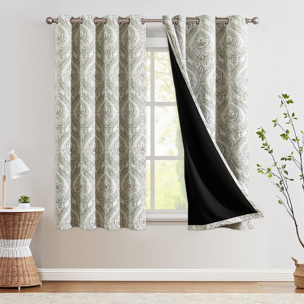 Jinchan 100% Blackout Curtains 63 Inch Length 2 Panels Sage Green Damask Medallion Window Curtains For Bedroom Grommet Thermal Insulated Drapes For Living Room Vintage Luxury Window Treatments Set