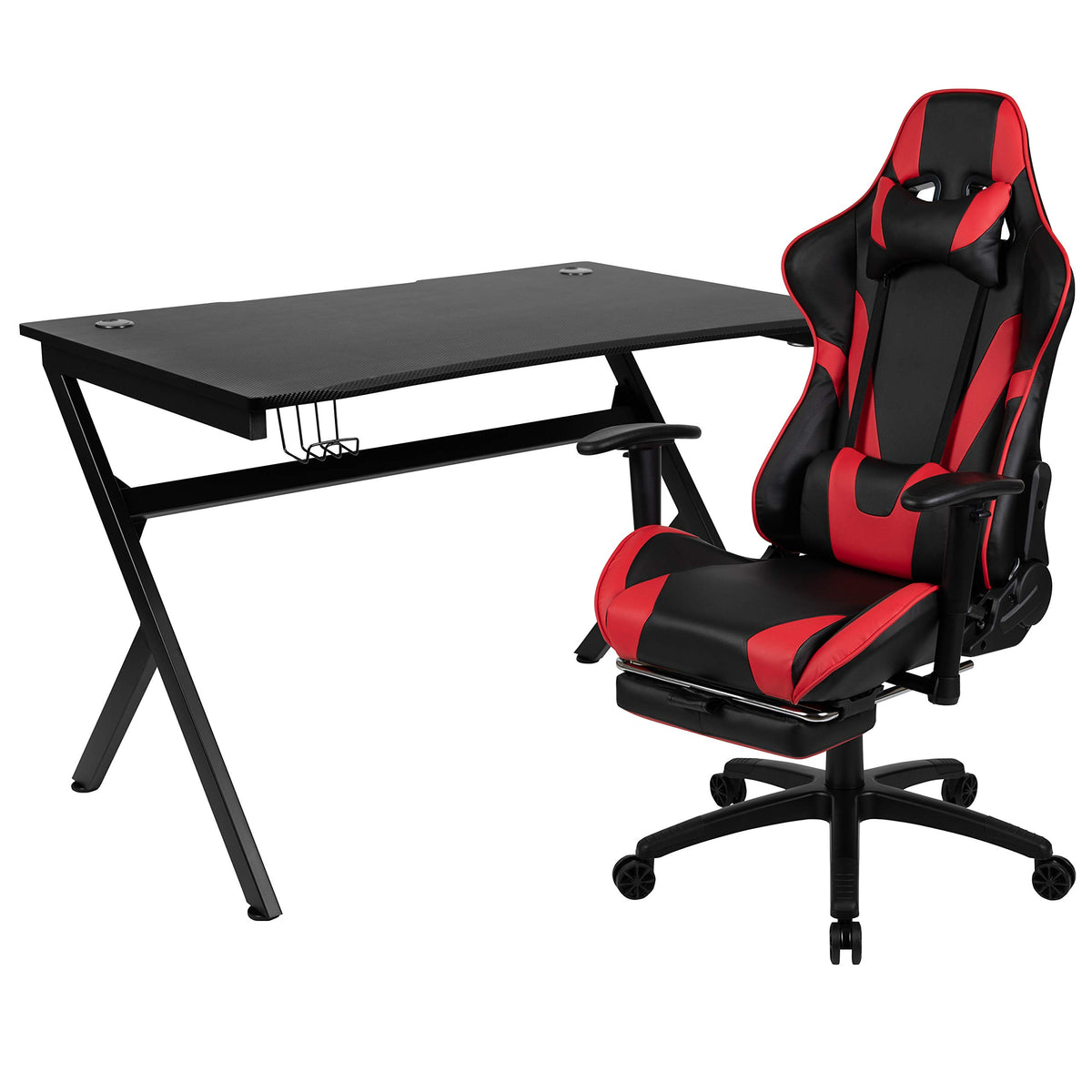 Flash Furniture Optis Black Gaming Desk and Red/Black Footrest Reclining Gaming Chair Set with Cup Holder, Headphone Hook & 2 Wire Management Holes