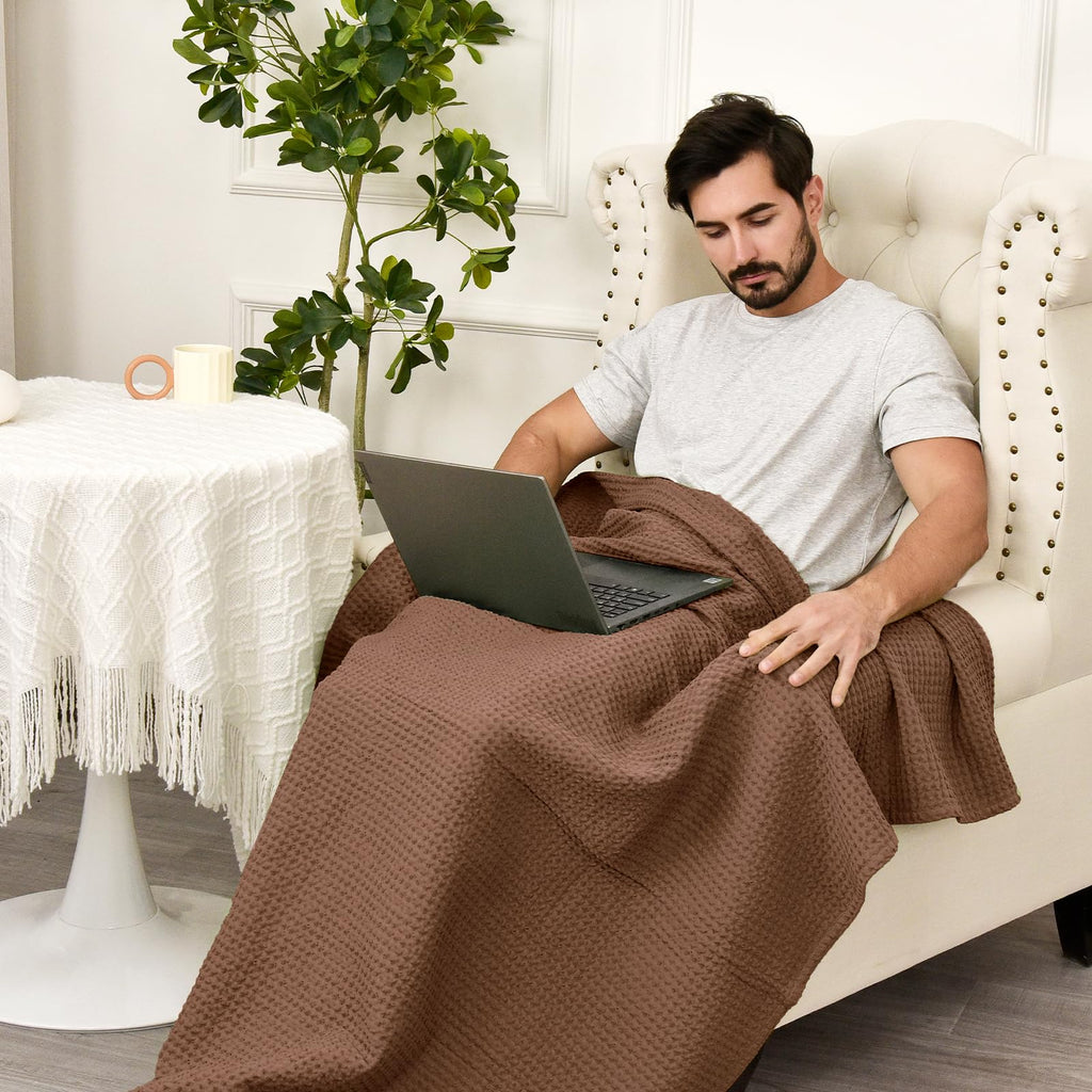 Phf 100% Cotton Waffle Weave Throw Blanket 50' X 60'-Lightweight Washed Soft Breathable Blanket For Adults And Kids-Perfect Blanket Layer For Couch Bed Sofa-Elegant Home Decoration - Cappuccino