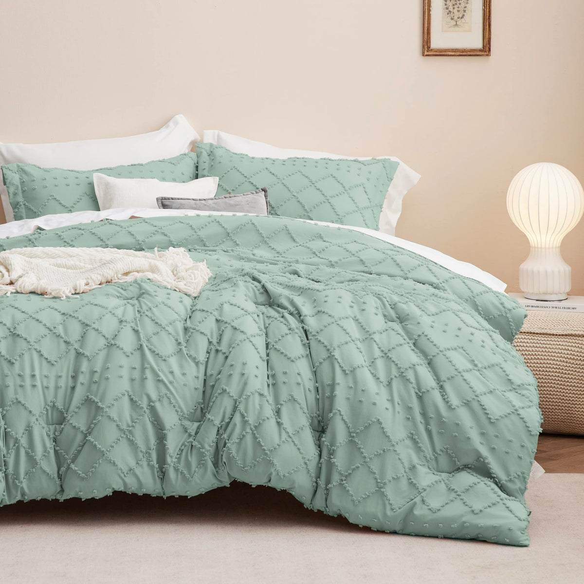 Bedsure Boho Comforter Set Queen - Sage Green Tufted Shabby Chic Bedding Comforter Set For All Seasons, 3 Pieces Western Comfort