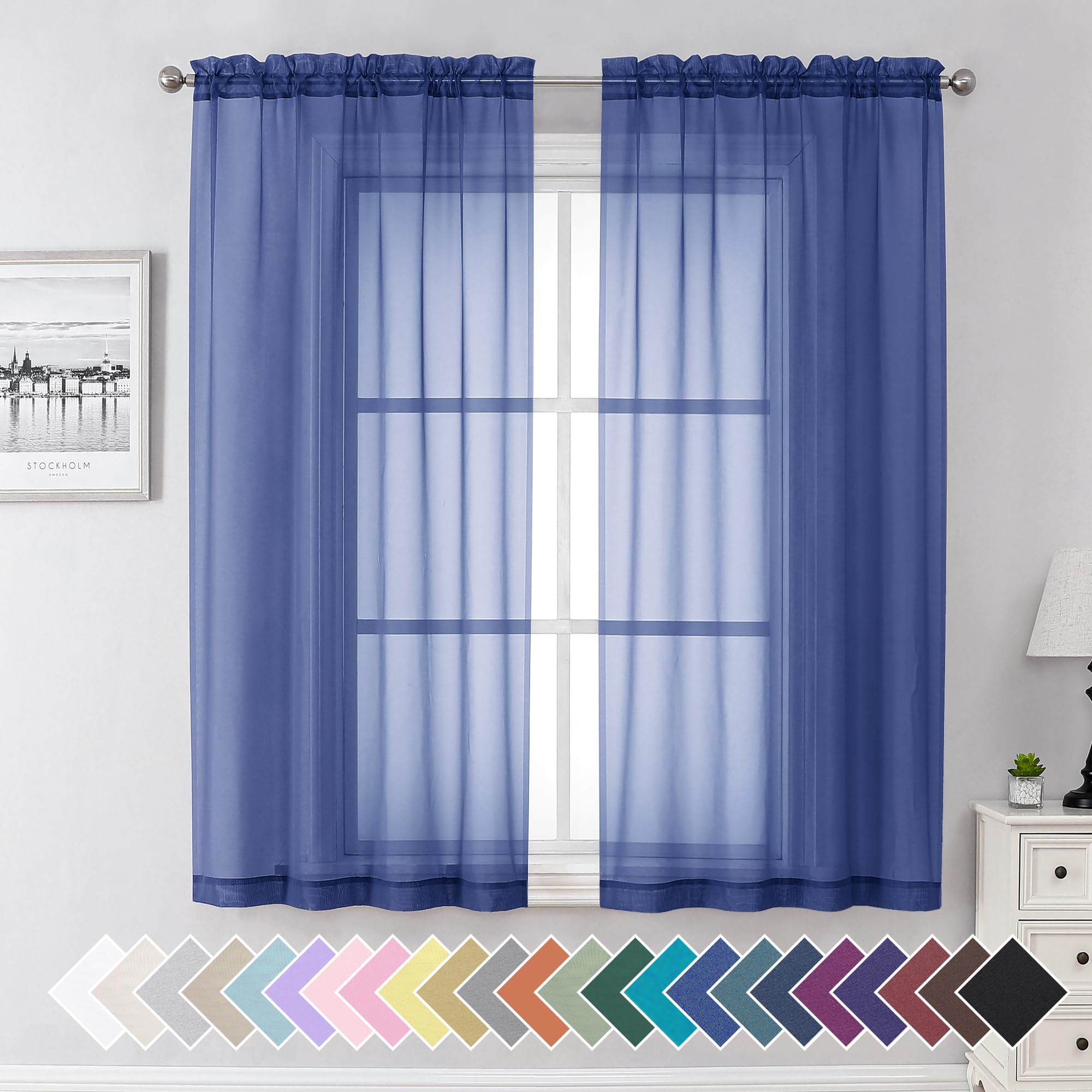 Aiyufeng Royal Blue Sheer Curtains 63 Inch Length 2 Panels Set, Semi Transparent Voile Dark Blue Sheer Window Drapes For Bedroom