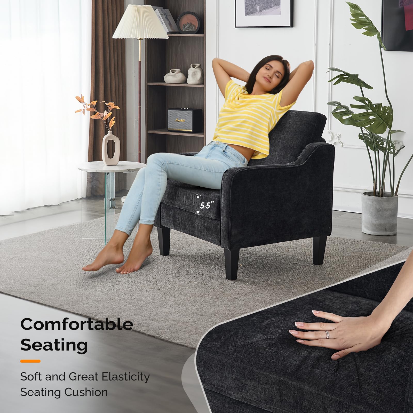 Vingli Living Room Chairs Set Of 2, Black Accent Chair 5.5' Thick Seat Cushion Comfy Chair Soft Chenille Side Chair Upholstered Arm Chair For Bedroom, Play Room, Apartment, Office (Black)