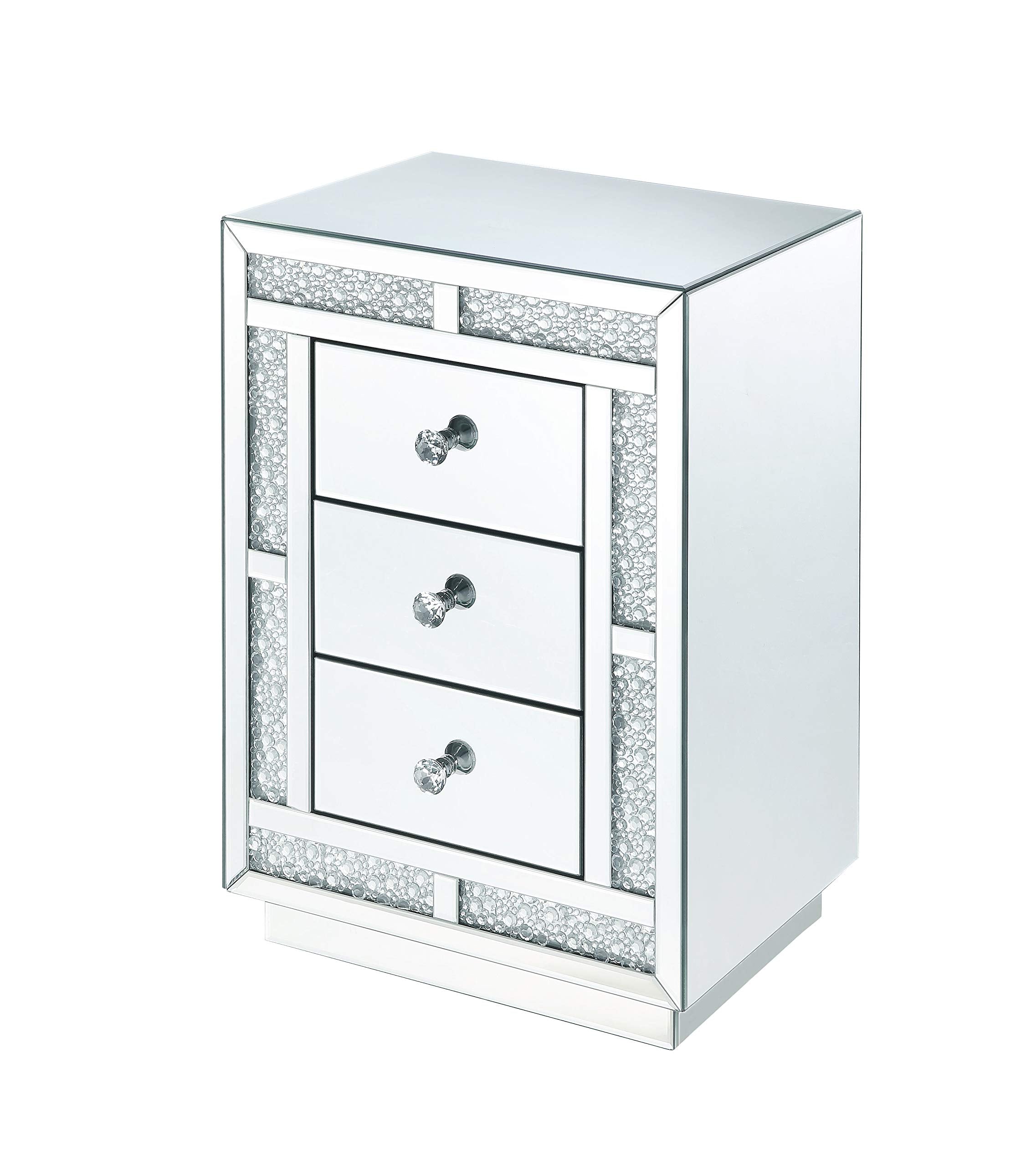 Benjara Mirrored Wooden Night Table With Flat Base And Three Drawers, Silver