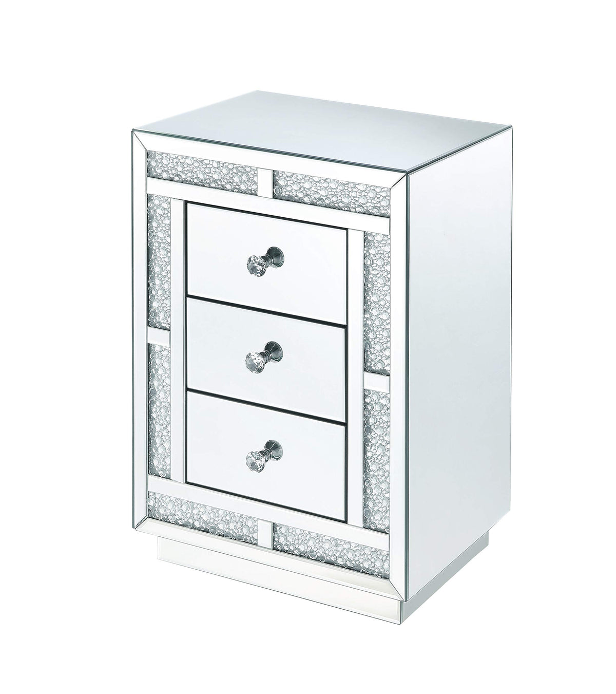Benjara Mirrored Wooden Night Table With Flat Base And Three Drawers, Silver
