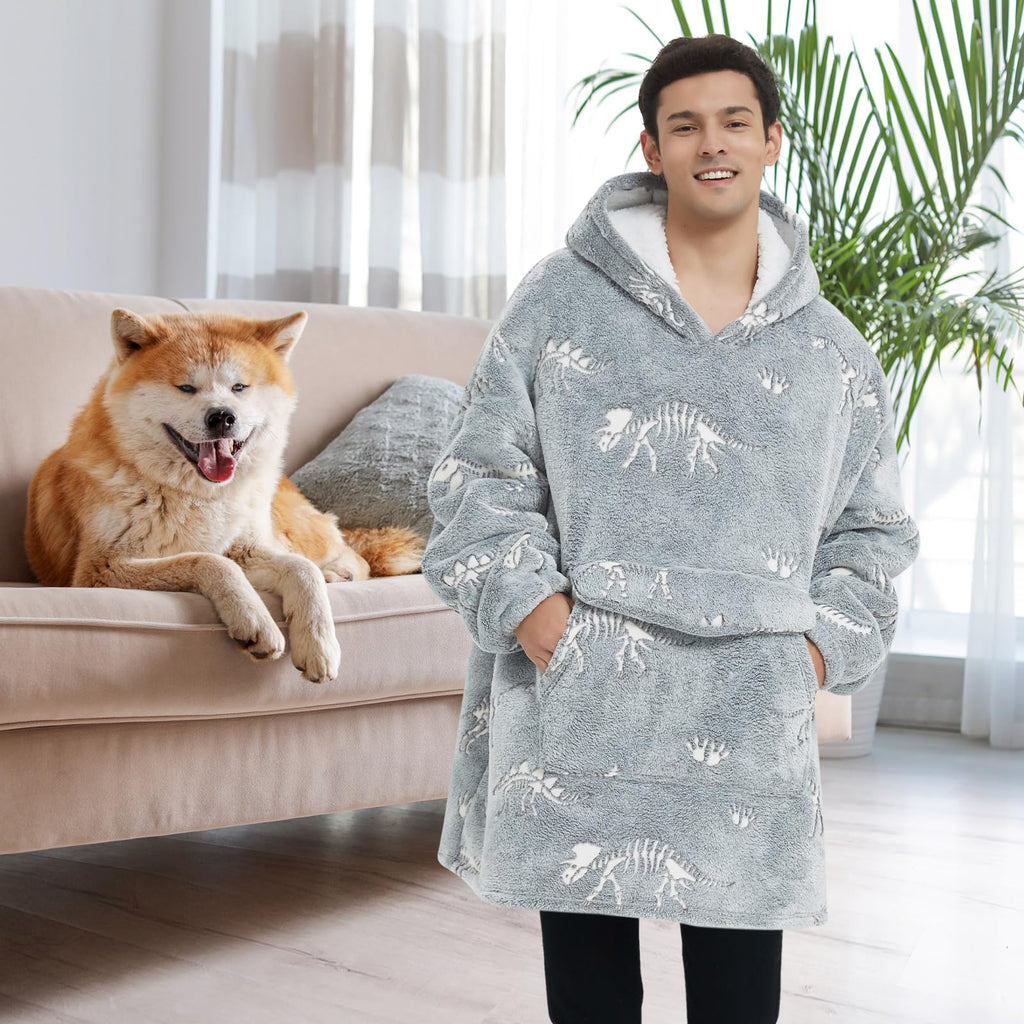 Fiosnow Glow In The Dark Dinosaur Fossil Blanket Hoodies For Women And Men Adult Oversize Wearable Blanket Hoodies For Soft And