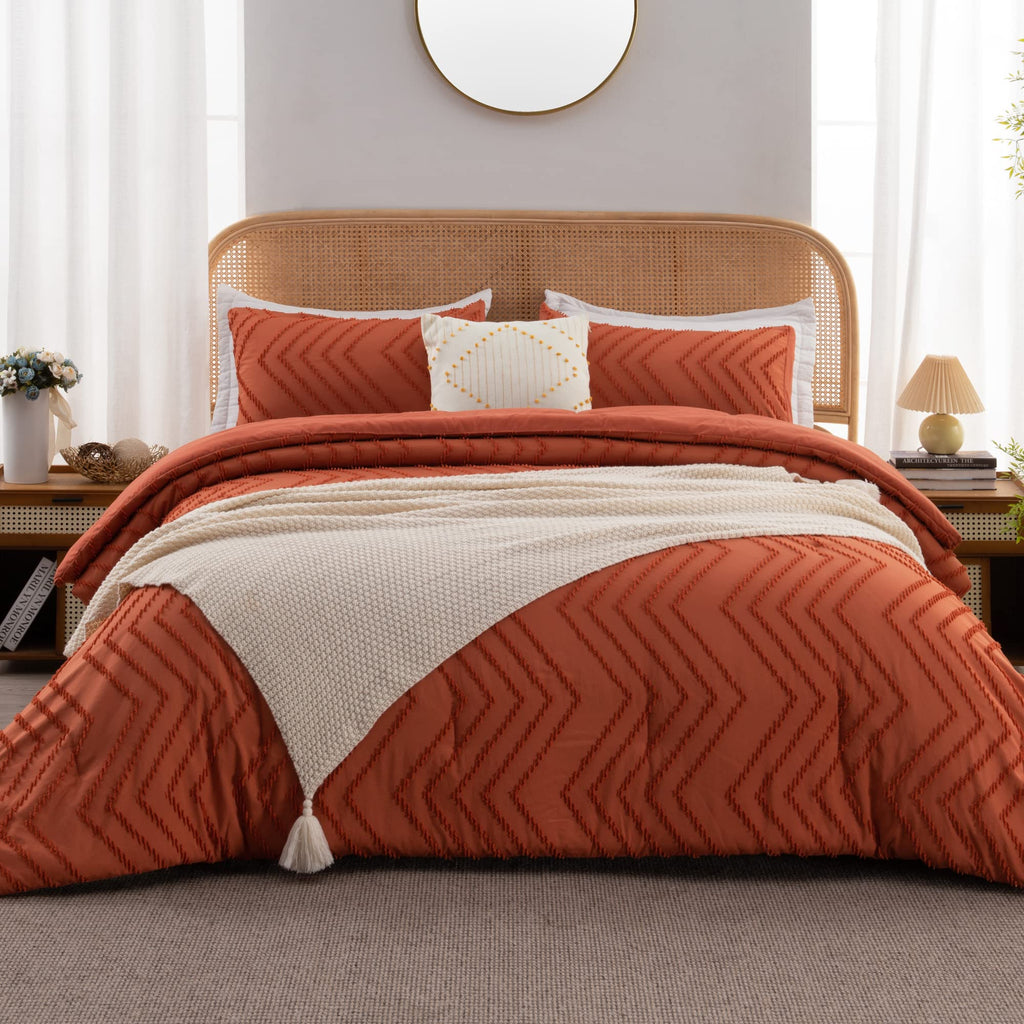Litanika Comforter California King Size Set Burnt Orange, 3 Pieces Terracotta Rust Cal King Oversized Chevron Tufted Solid Beddi