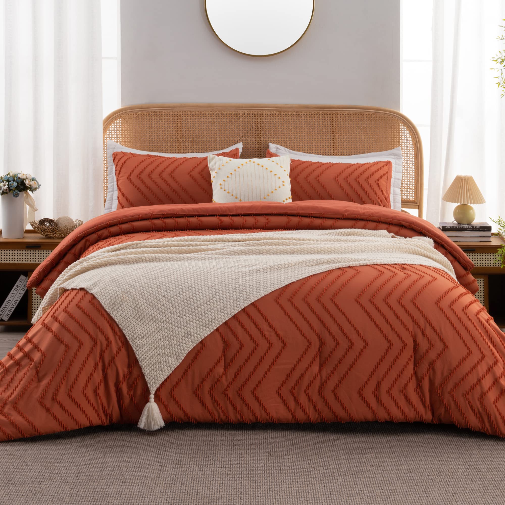Litanika Comforter California King Size Set Burnt Orange, 3 Pieces Terracotta Rust Cal King Oversized Chevron Tufted Solid Beddi