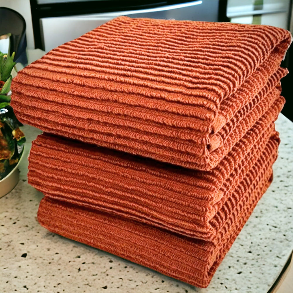 Kitchen Dish Towels For Hands Drying Cleaning Burnt Orange Rust 100% Cotton Soft Cloth Absorbent Terry Loop, Set Of 3 Multipurpo