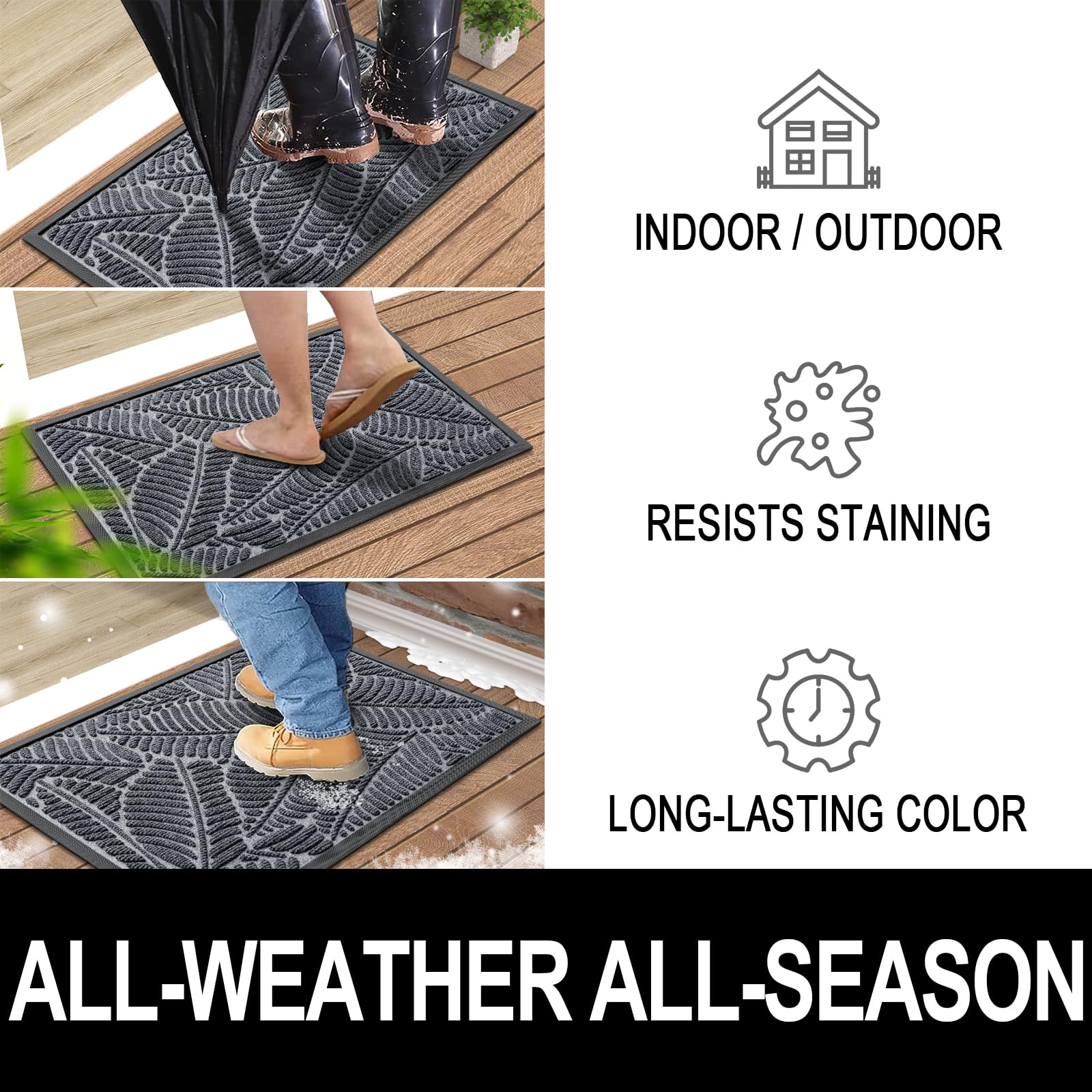 Colorxy Waterproof Doormat, Sturdy Natural Rubber Front Indoor Mat, Non Slip Low Profile Indoor Outdoor Door Mat, Stain And Fade Resistant Floor Mat, Easy Clean Patio Entrance Mat, 48''X32'', Grey
