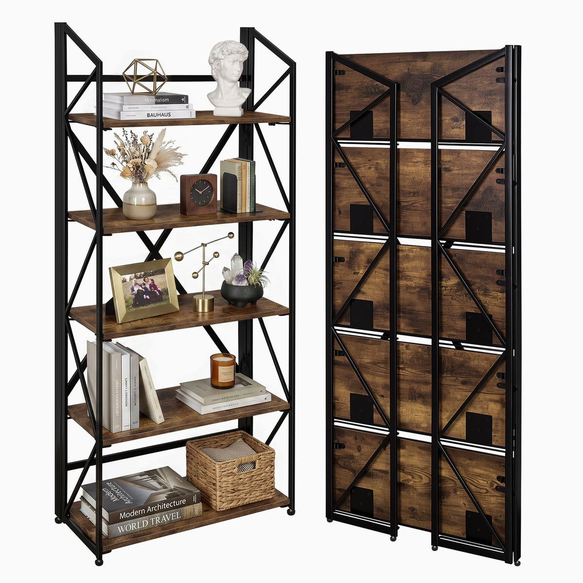 WOTMO 5 Tier Folding Bookshelf, No Assembly Foldable Storage Shelves, Brown