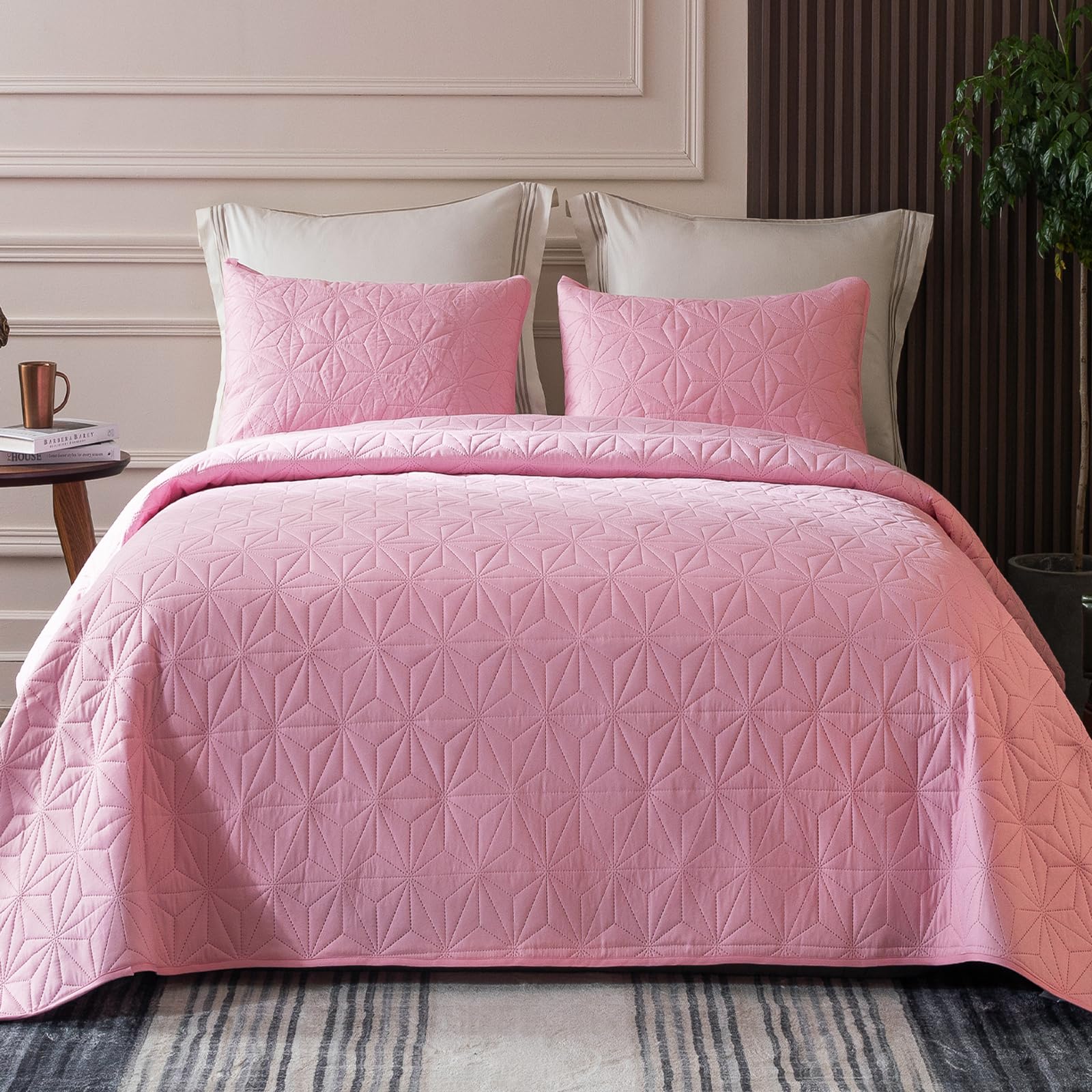 Whale Flotilla Twin Size Quilt Bedding Set, Soft Pink Twin Xl Quilts Bedspreads For All Seasons, Lightweight Geometric Star Patt