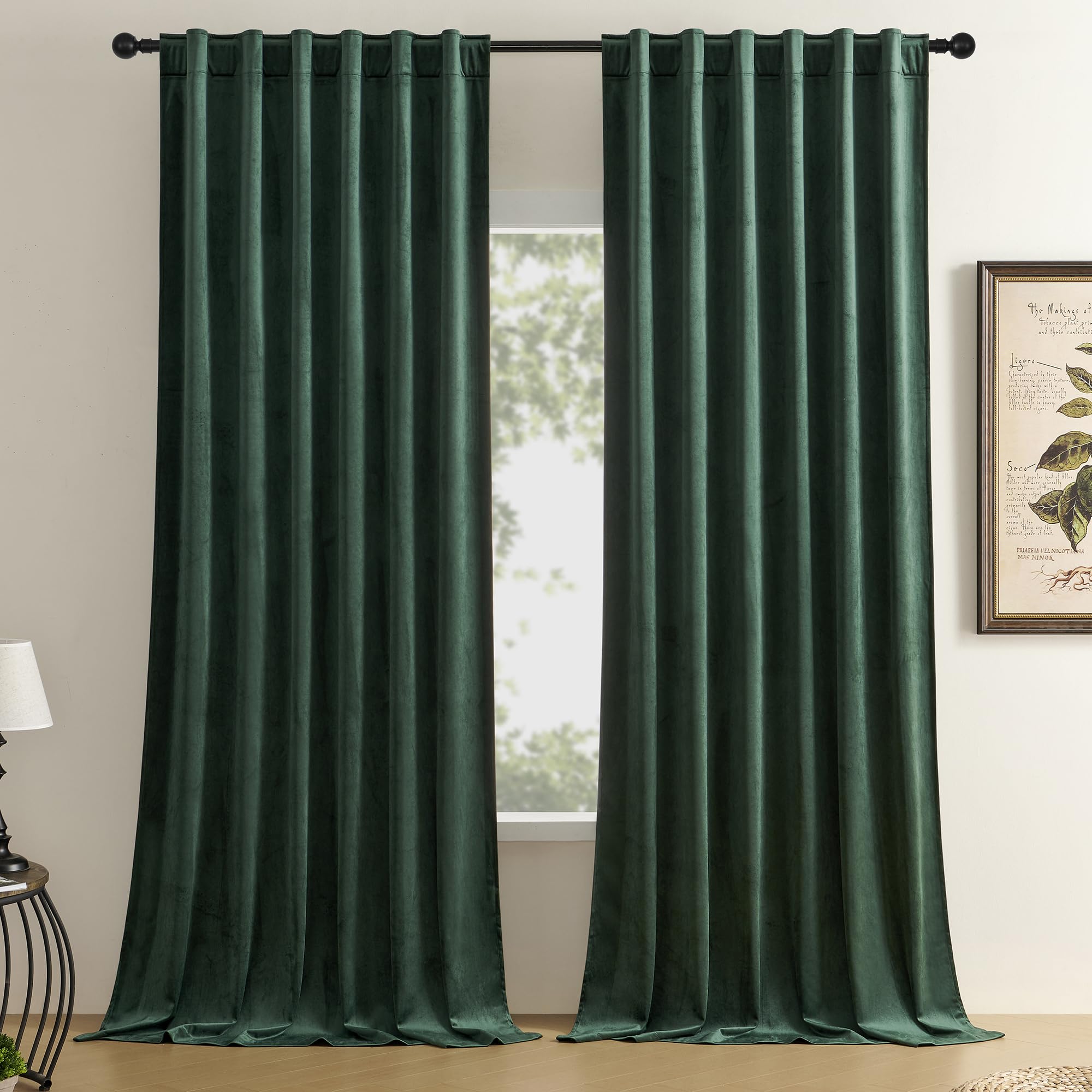 Timeper Dark Green Velvet Curtains - 63 Inch Length Blackout Thermal Insulated Curtains For Living Room/Home Office, Rod Pocket