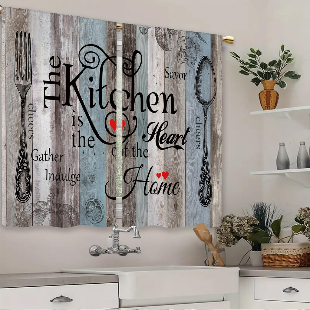 Laifzere Teal Blue Farmhouse Rustic Kitchen Curtains Wooden Wood Small Short Cafe Window Curtains Vintage Fork Spoon Retrobathro