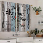 Laifzere Teal Blue Farmhouse Rustic Kitchen Curtains Wooden Wood Small Short Cafe Window Curtains Vintage Fork Spoon Retrobathro