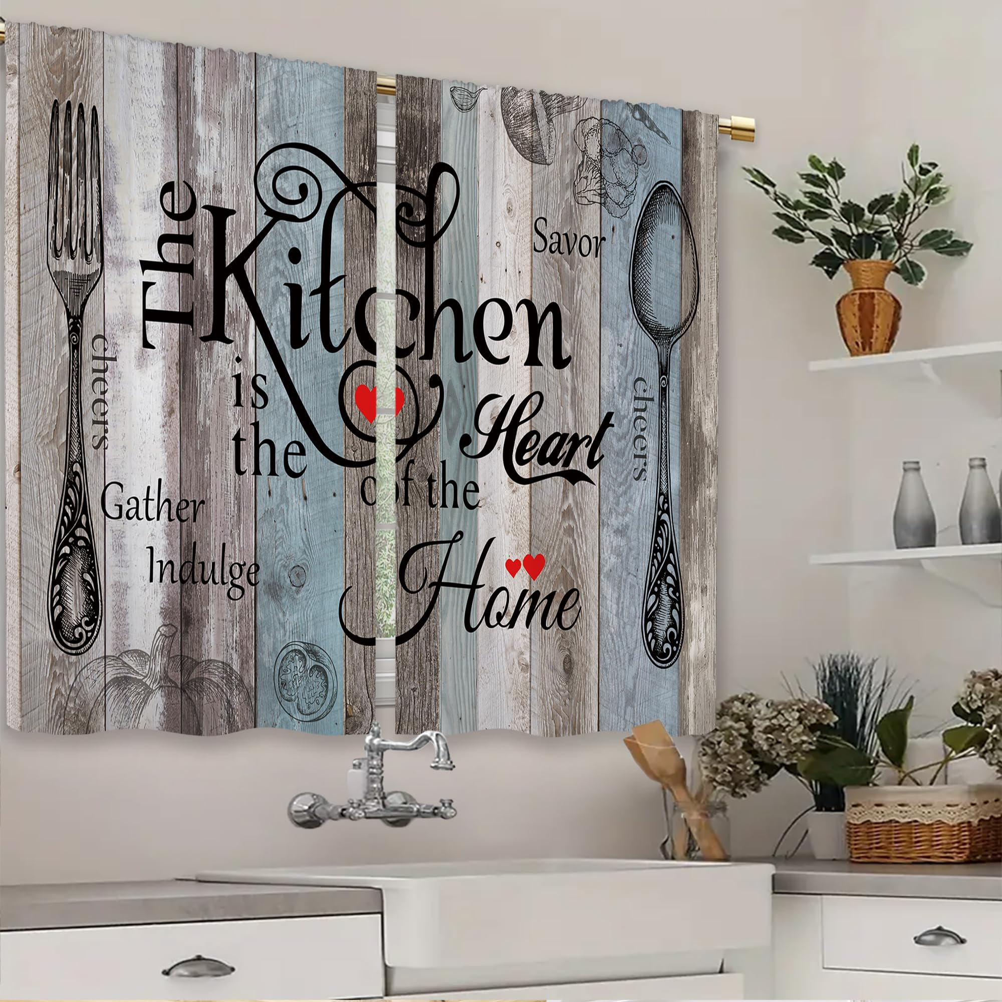 Laifzere Teal Blue Farmhouse Rustic Kitchen Curtains Wooden Wood Small Short Cafe Window Curtains Vintage Fork Spoon Retrobathro