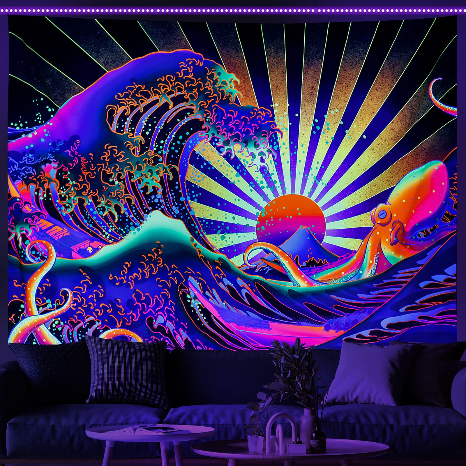 Maccyafst Blacklight Tapestry Great Wave Tapestry Uv Reactive Japanese Kanagawa Sunset Tapestry Vintage Ocean Wave Octopus Tapes