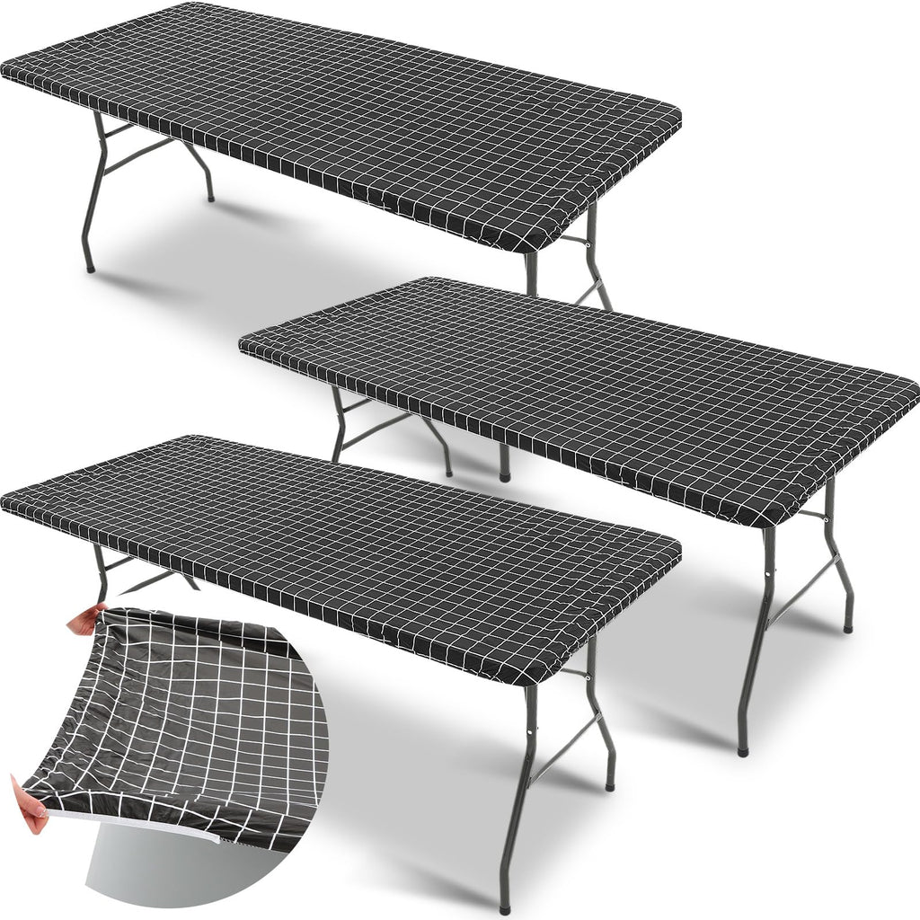 3 Pcs Plastic Picnic Table Cover Checkered Tablecloth Fitted Rectangular Table Cloth 30 X 72 Inch Vinyl Waterproof Flannel Backed With Elastic Rim For Indoor Outdoor Picnic Party(Black And White)