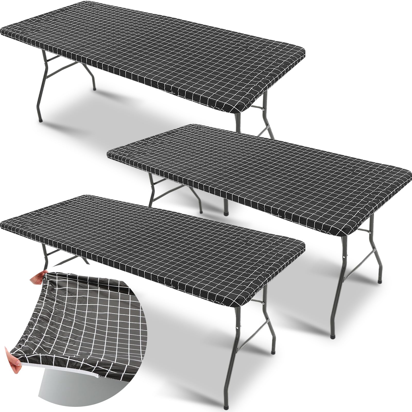 3 Pcs Plastic Picnic Table Cover Checkered Tablecloth Fitted Rectangular Table Cloth 30 X 72 Inch Vinyl Waterproof Flannel Backed With Elastic Rim For Indoor Outdoor Picnic Party(Black And White)