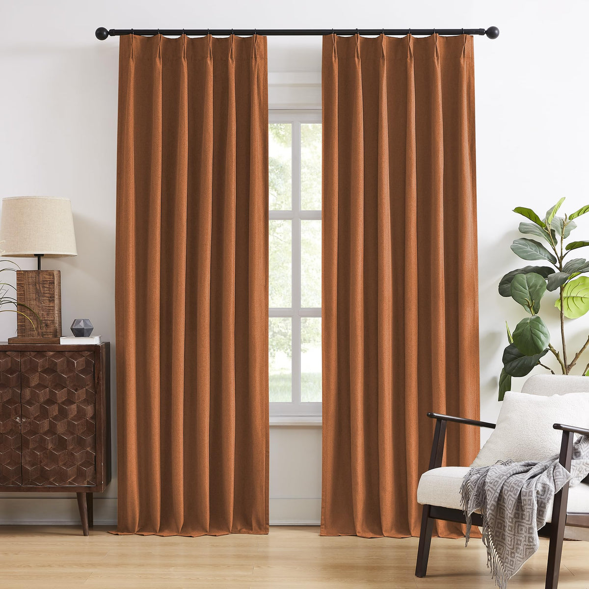 Dualife Rust Pinch Pleated Blackout Curtains 63 Inches Long, Boho Farmhouse Retro Totally Blackout Curtains Drapes With Hooks Fo