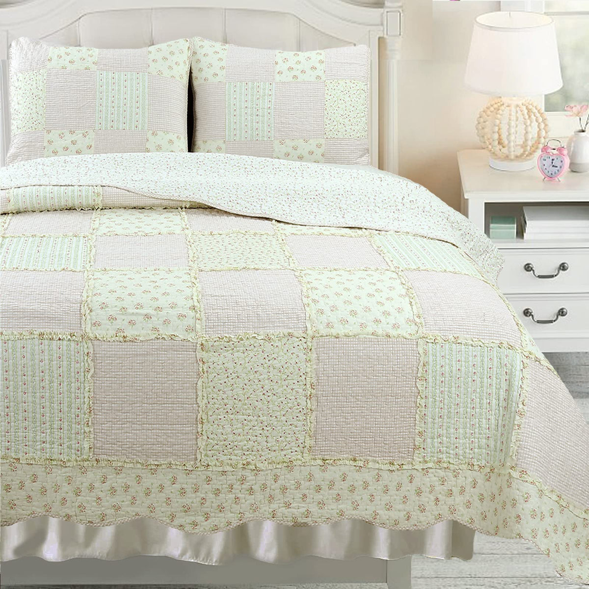 Cozy Line Home Fashions 100% Cotton Real Patchwork Reversible Shabby Chic Girly Floral Pink Peachy Quilt Bedding Set, Coverlet B