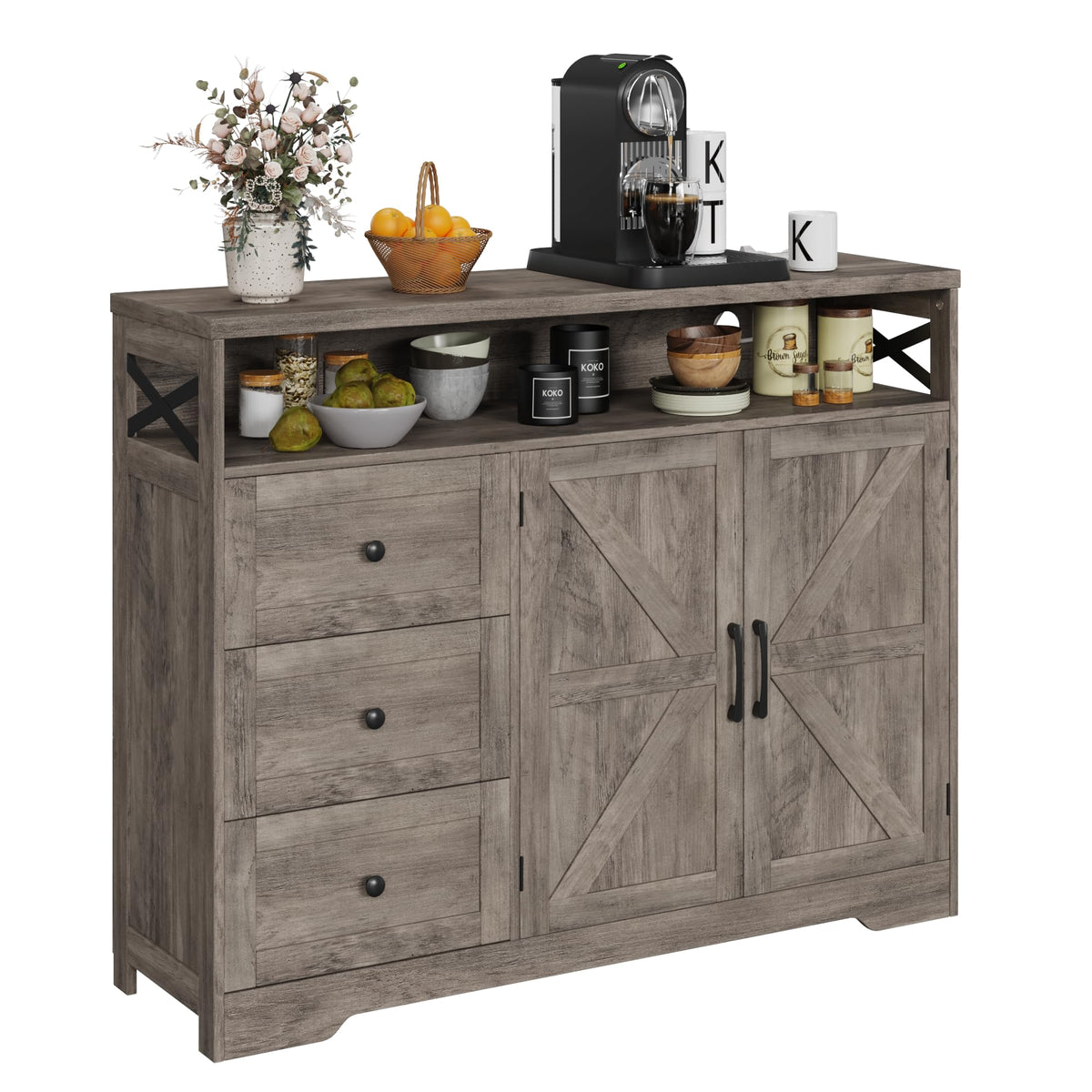 Farmhouse Buffet Storage Cabinet With Drawers & Shelf, Sideboard With Storage, Kitchen Pantry Hutch Cabinet, Coffee Bar Station