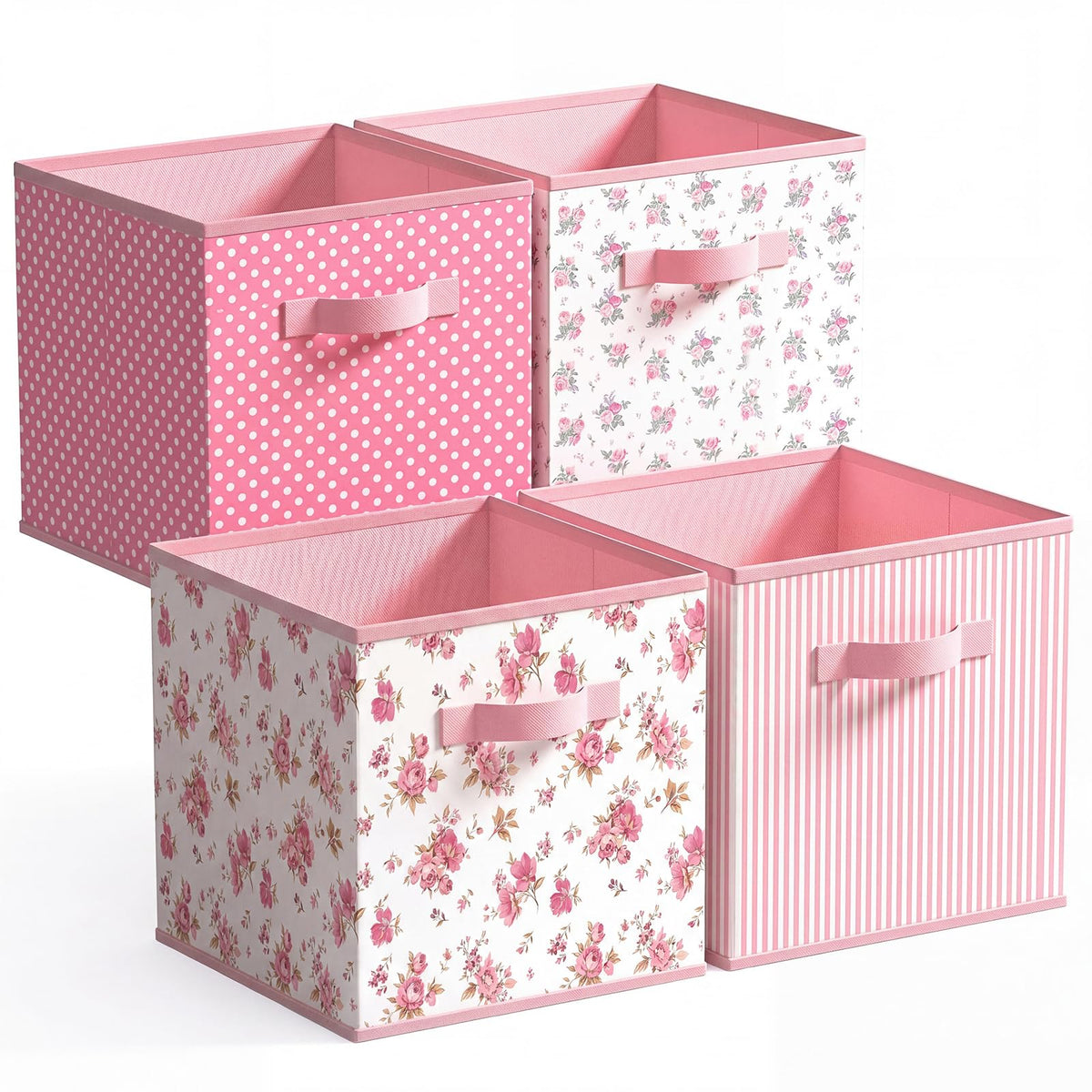 Marsui 4 Pcs Pink Flower Cube Storage Bins with Handle 11 Inch