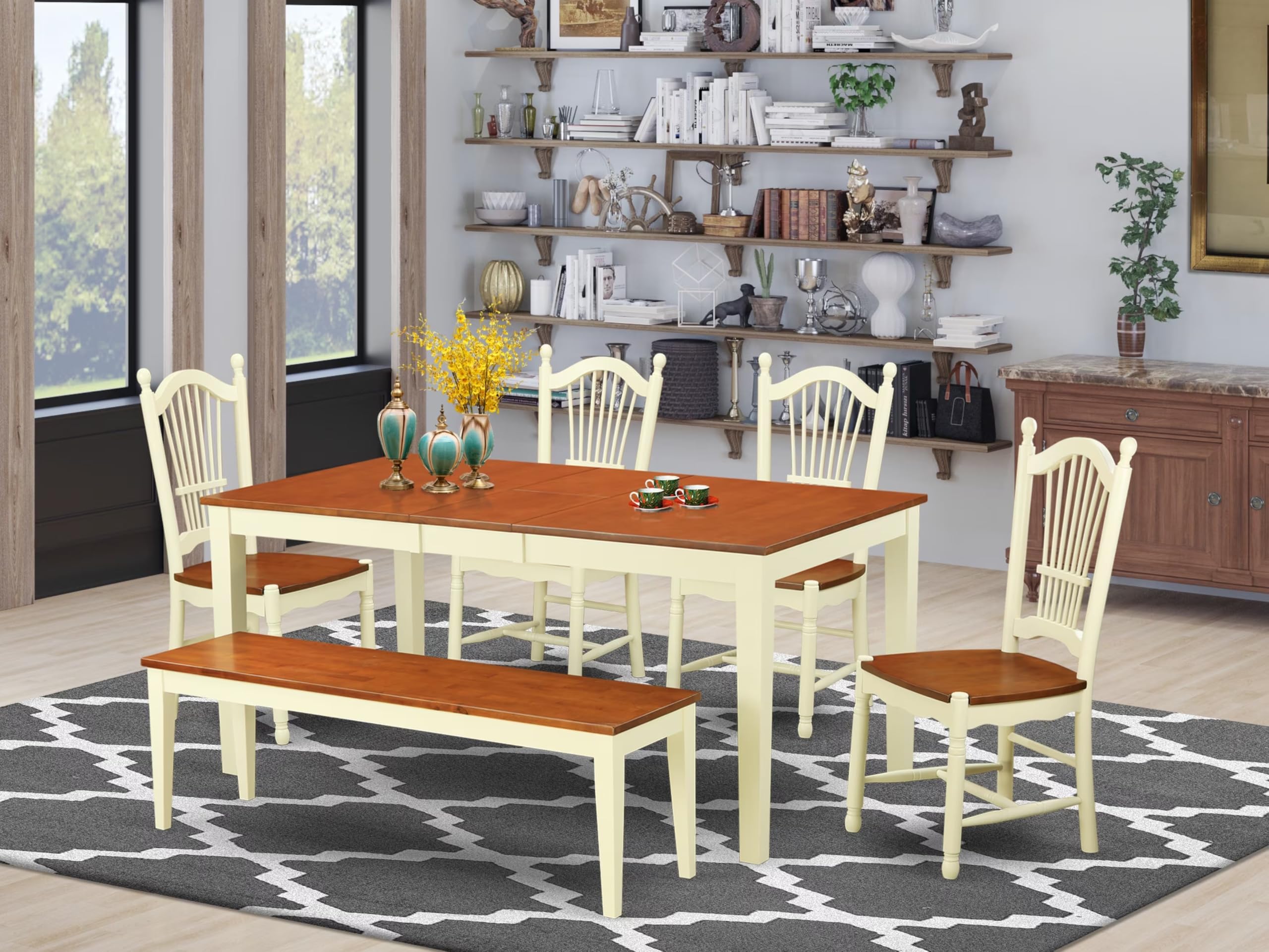 East West Furniture NIDO6-WHI-W 6 Piece Modern Set Contains a Rectangle Wooden Table with Butterfly Leaf and 4 Dining Chairs with a Bench, 36x66 Inch, Buttermilk & Cherry