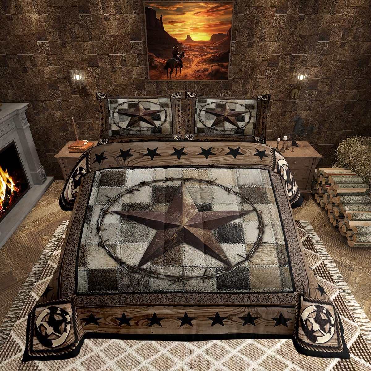 Western Texas Star Kids Comforter Set Queen Size,Cow Fur Patchwork Rustic Farmhouse Bedding Set,Boys Girls Adults Room Decor,Cow