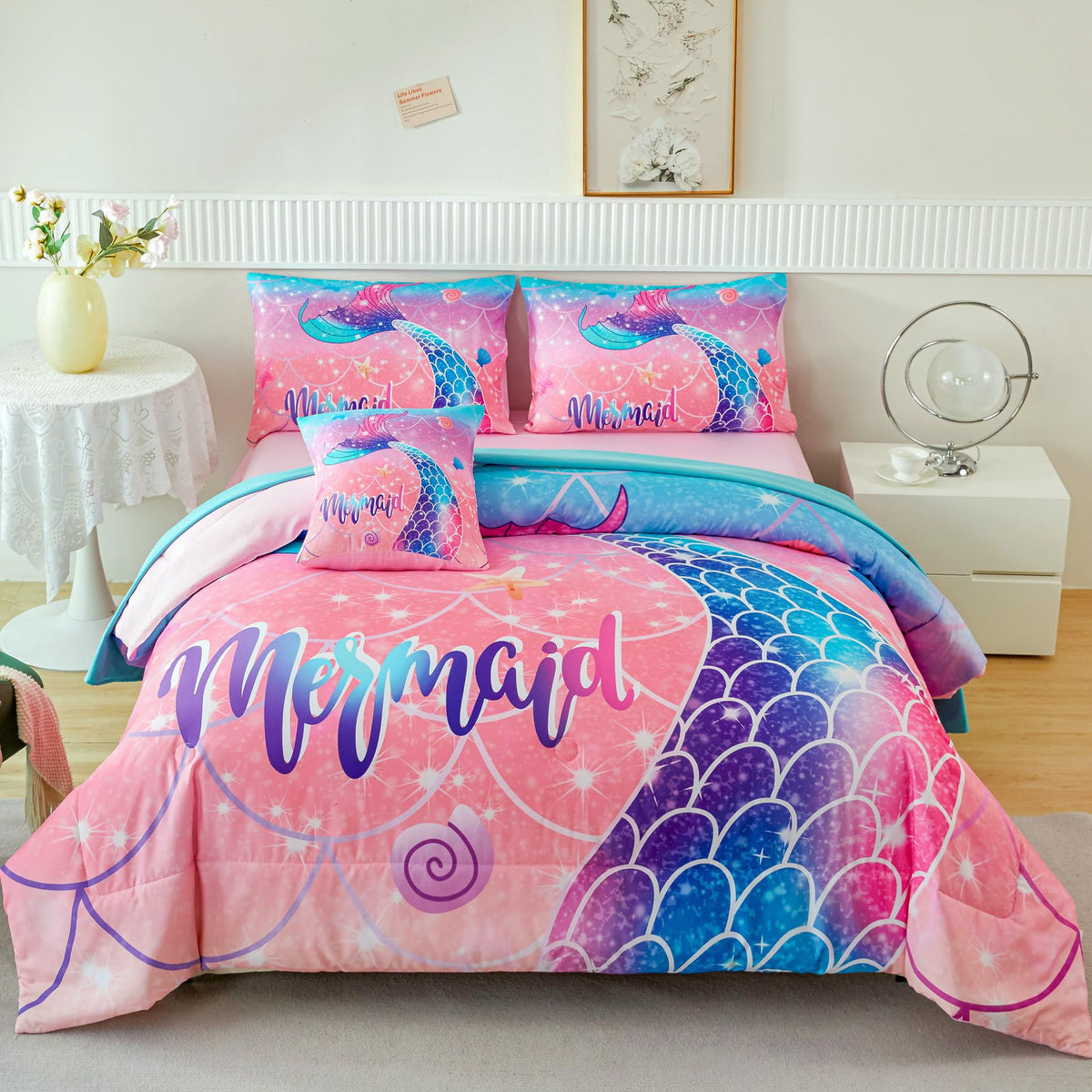 Rynghipy Mermaid Kids Girls Comforter Set Queen Size Pink Blue Gradient Fish Tail Bed In A Bag - Includes Comforter & Sheet Set
