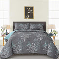 Queen Size Quilt Set Grey Blue Reversible Bedspread Bedding Set, 3 Piece Branch Floral Lightweight Microfiber Coverlet With Pill