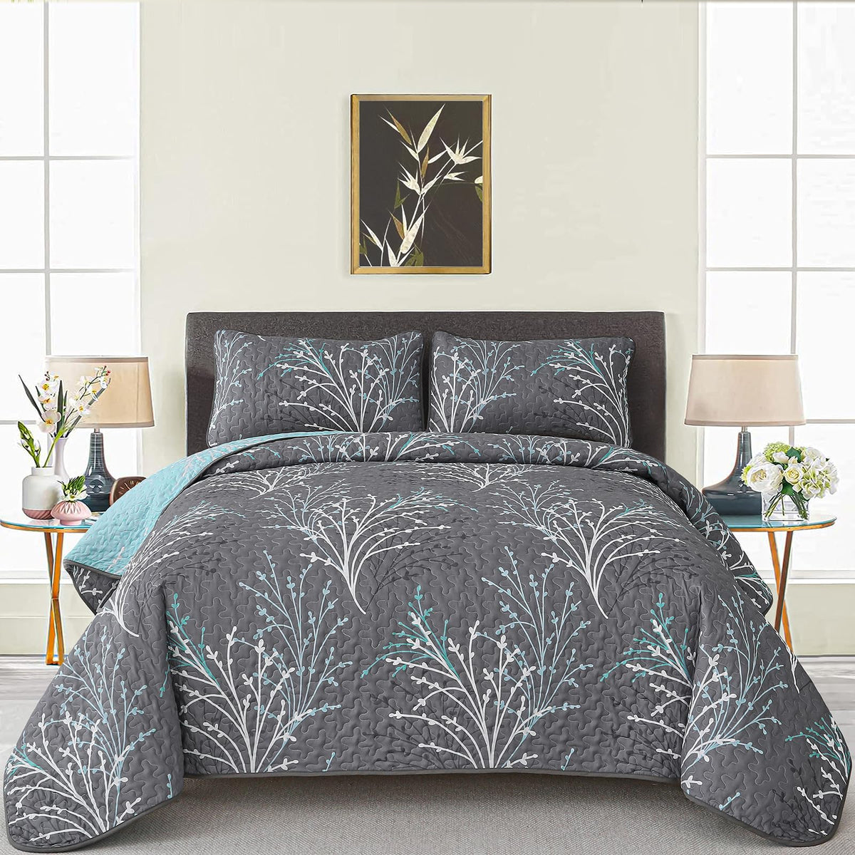 Queen Size Quilt Set Grey Blue Reversible Bedspread Bedding Set, 3 Piece Branch Floral Lightweight Microfiber Coverlet With Pill