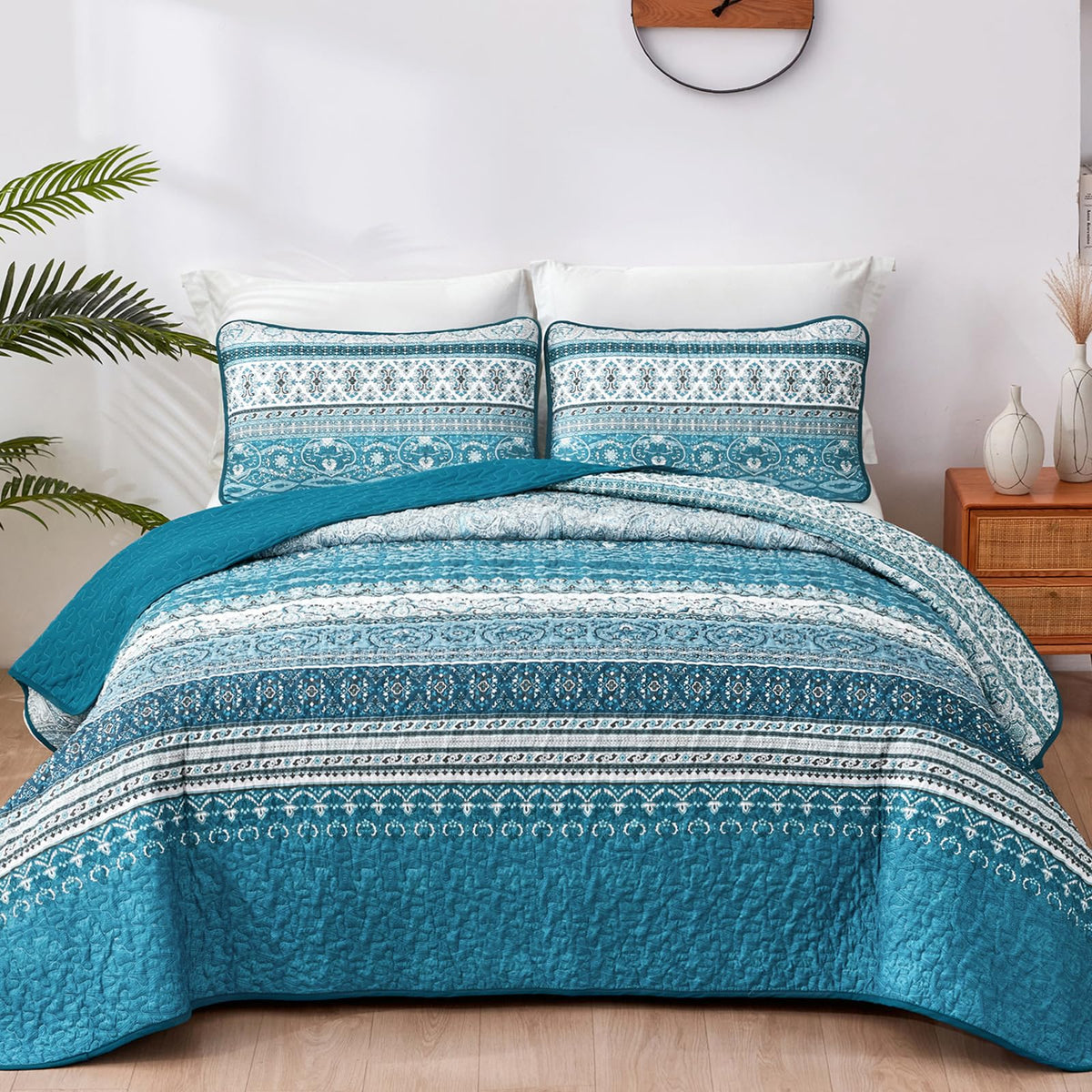 Wongs Bedding Boho King Quilt Set, Teal And Blue Bohemian Quilt Bedding Set, Lightweight Bed Decor Bedspread For All Season Reve