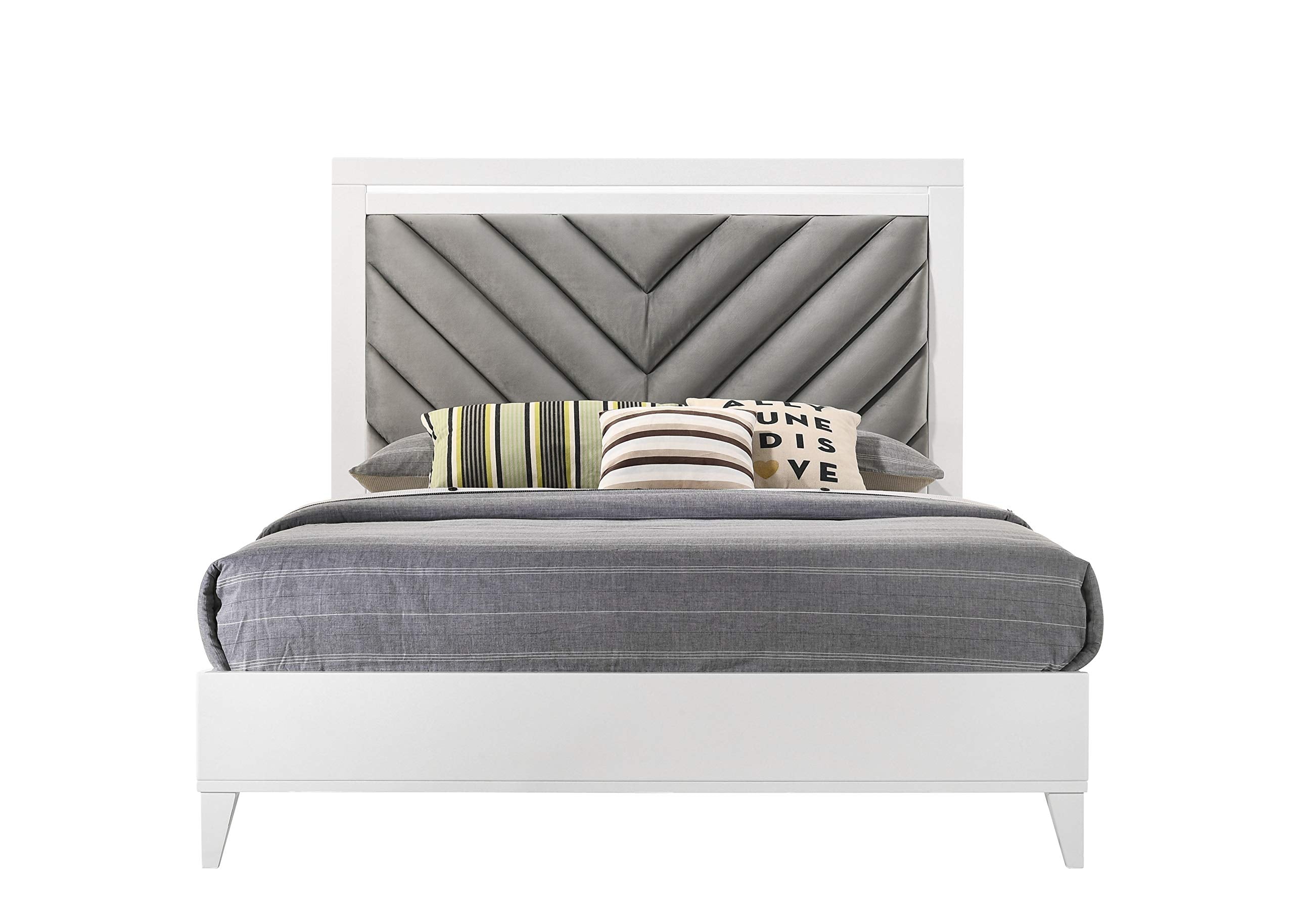 Acme Chelsie Wooden Eastern King Bed with Velvet Headboard in Gray and White