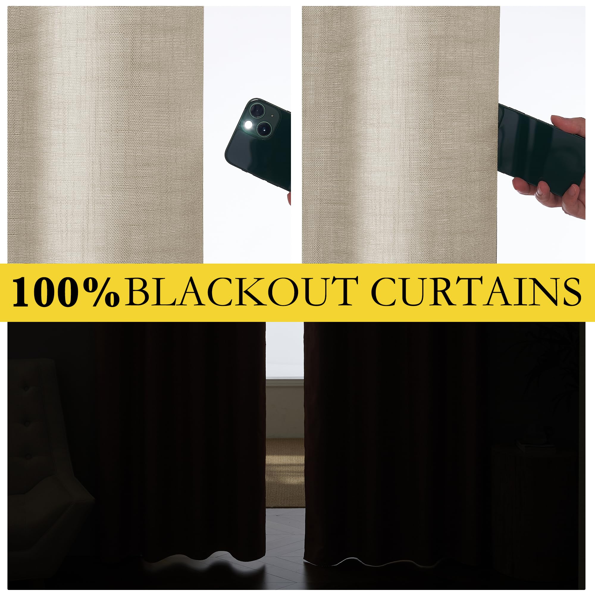 Nicetown Taupe 100% Blackout Linen Curtains 120 Inch Long Burg, Farmhouse Thick Completely Blackout Window Treatment Panels Thermal Insulated Drapes For Living Room (1 Pair, 52' Width Each Panel)