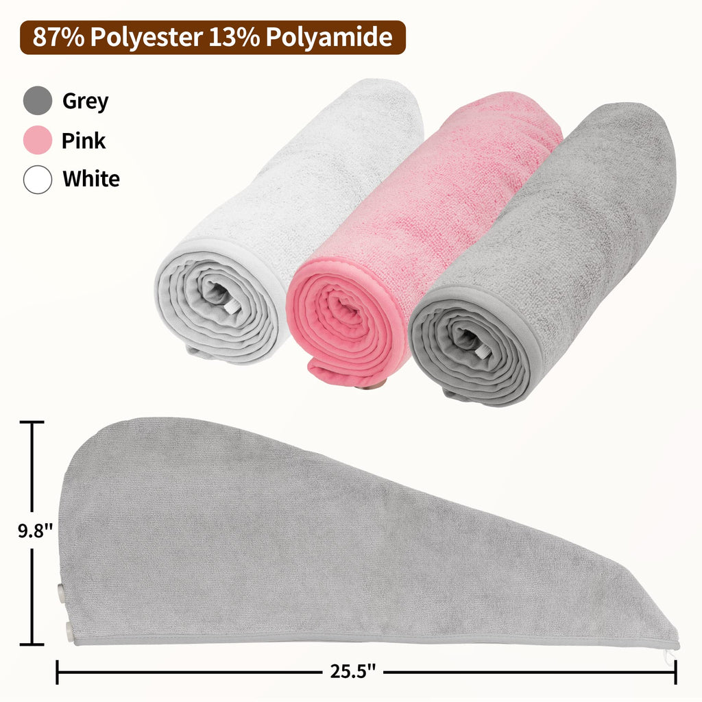 Nexcover Microfiber Hair Towel, 3 Pack (White+Grey+Pink) 9.8 Inch X 25.5 Inch Hair Turbans,Ultra Absorbent,Fast Drying Hair Towe