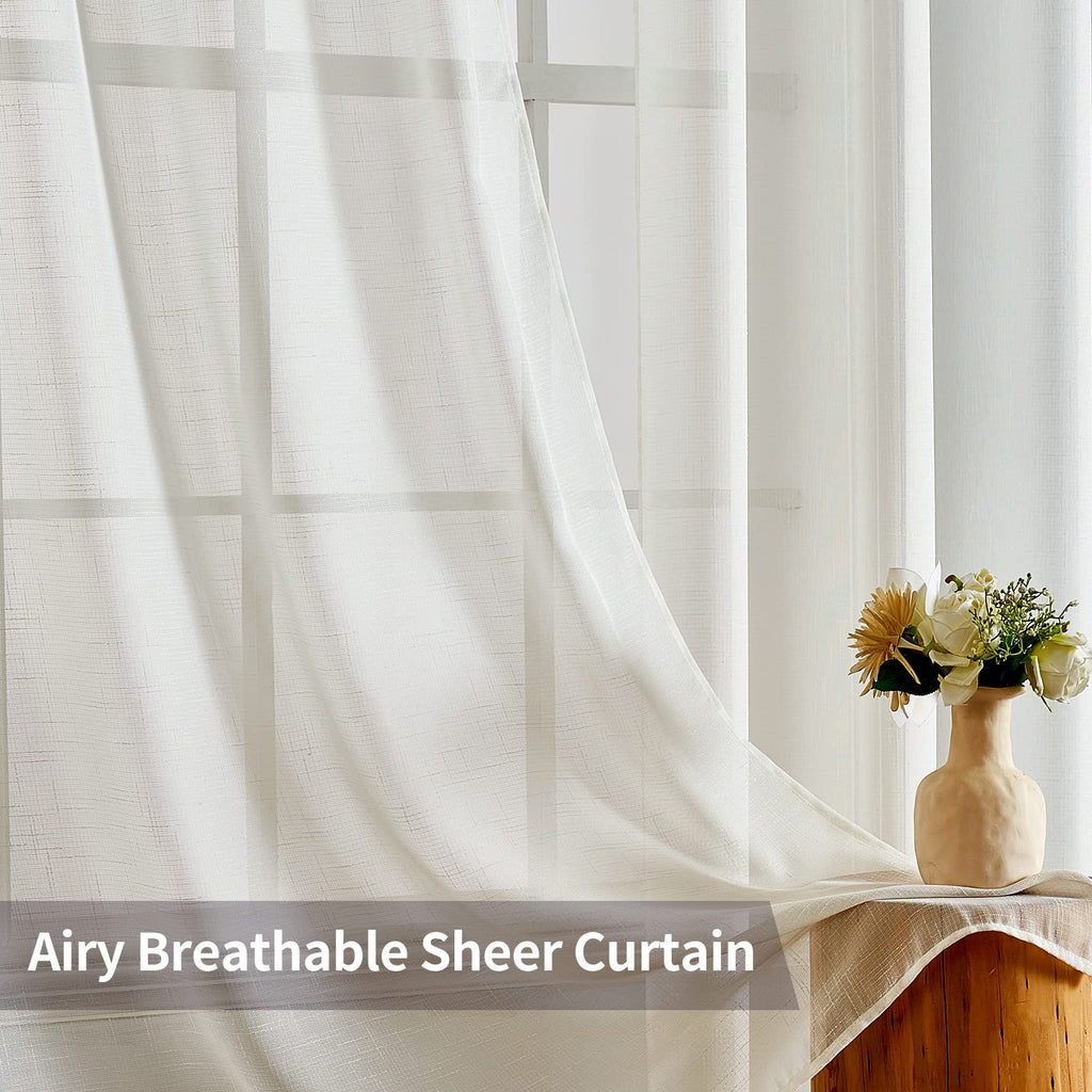 Miulee 2 Panels Natural Linen Look Textured Sheer Curtains Elegant Solid Ivory Drapes Grommet Top Window Voile Panels For Bedroo