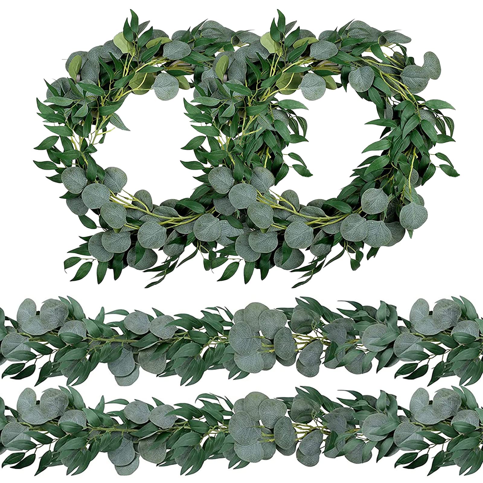 Trimgrace 4 Pack 6.5 Feet Artificial Eucalyptus Garland with Willow Leaves Vine Greenery for Wedding Table Runner Centerpiece Ar