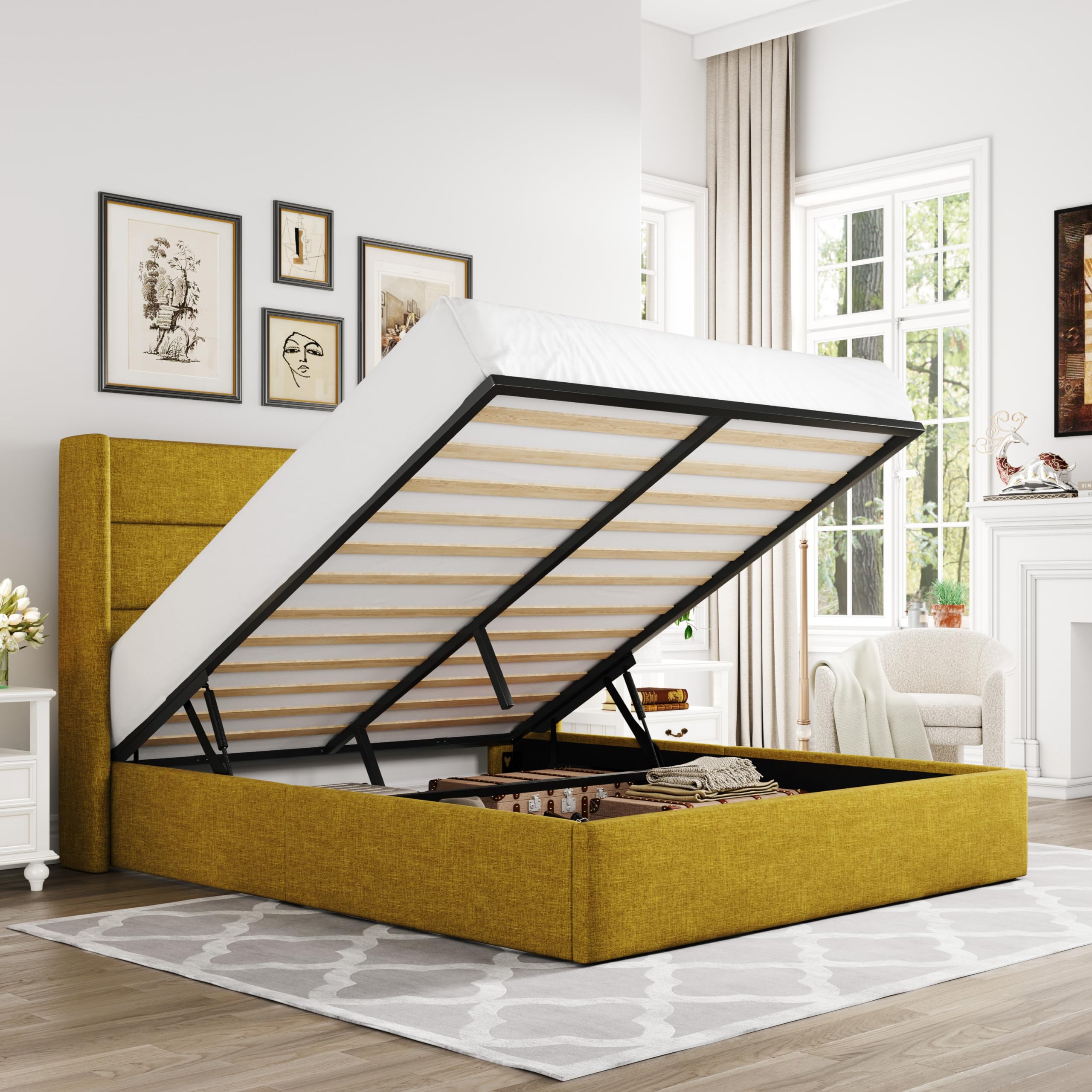 Allewie Queen Size Lift Up Storage Bed, Modern Wingback Headboard, Hydraulic Support, No Box Spring Needed, Olive Yellow