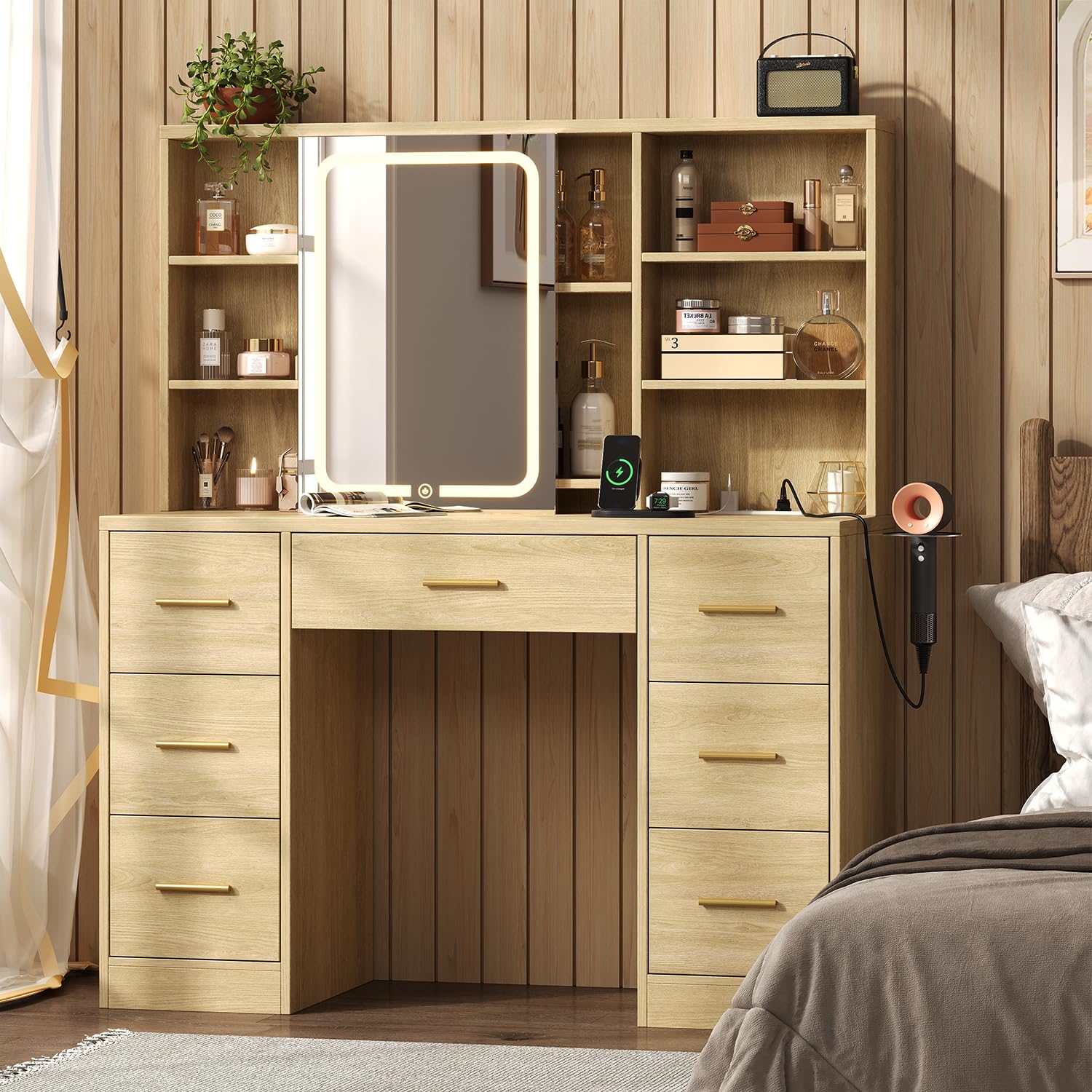 47 W Large Vanity Desk with Mirror and Lights, 8 Storage Shelves 7 Drawers Vanity Table, Big Makeup Vanity Desk with 3 Lightin