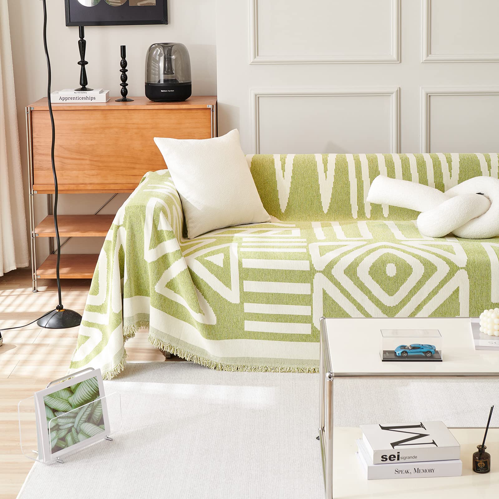 Handontime Green Sofa Covers Chenille Couch Covers Universal Sofa Cover Boho Cover For Sofa 3 Seats Dogs Couch Furniture Protector Couch Cushion Covers Sectional Couch Covers For L Shaped, 91' X134'