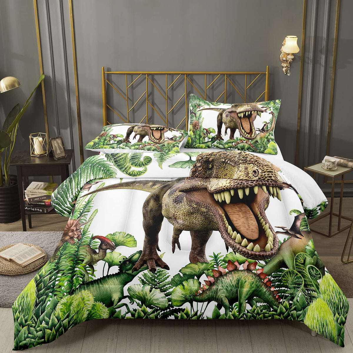 Bodhi Boys Comforter Set Queen Dinosaur Comforter For Kids Teens,Dinosaur Bedding Set Queen With Matching Pillowcase,Green Kids