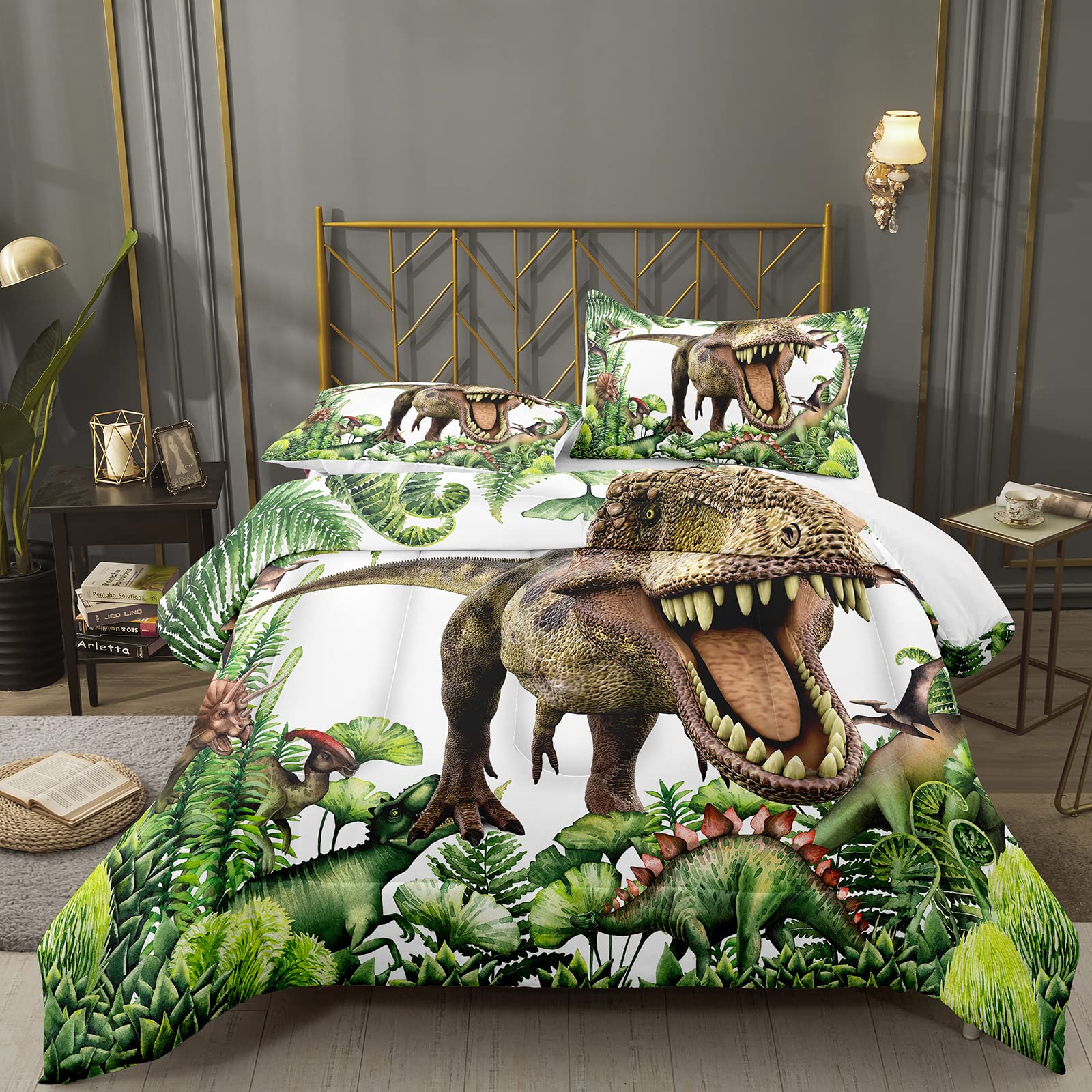 Bodhi Boys Comforter Set Queen Dinosaur Comforter For Kids Teens,Dinosaur Bedding Set Queen With Matching Pillowcase,Green Kids