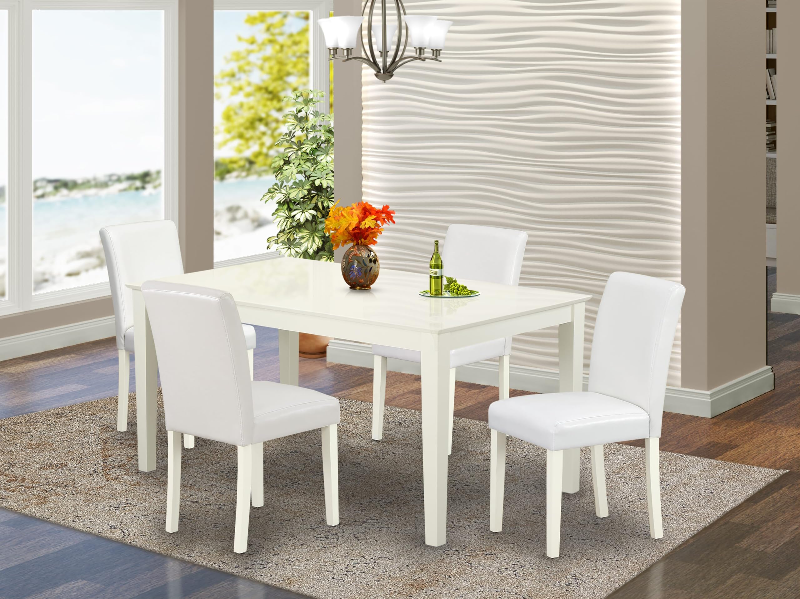 East West Furniture Caab5-Lwh-64 Capri 5 Piece Room Furniture Set Includes A Rectangle Dining Table And 4 Faux Leather Upholstered Parson Chairs, 36X60 Inch, Linen White