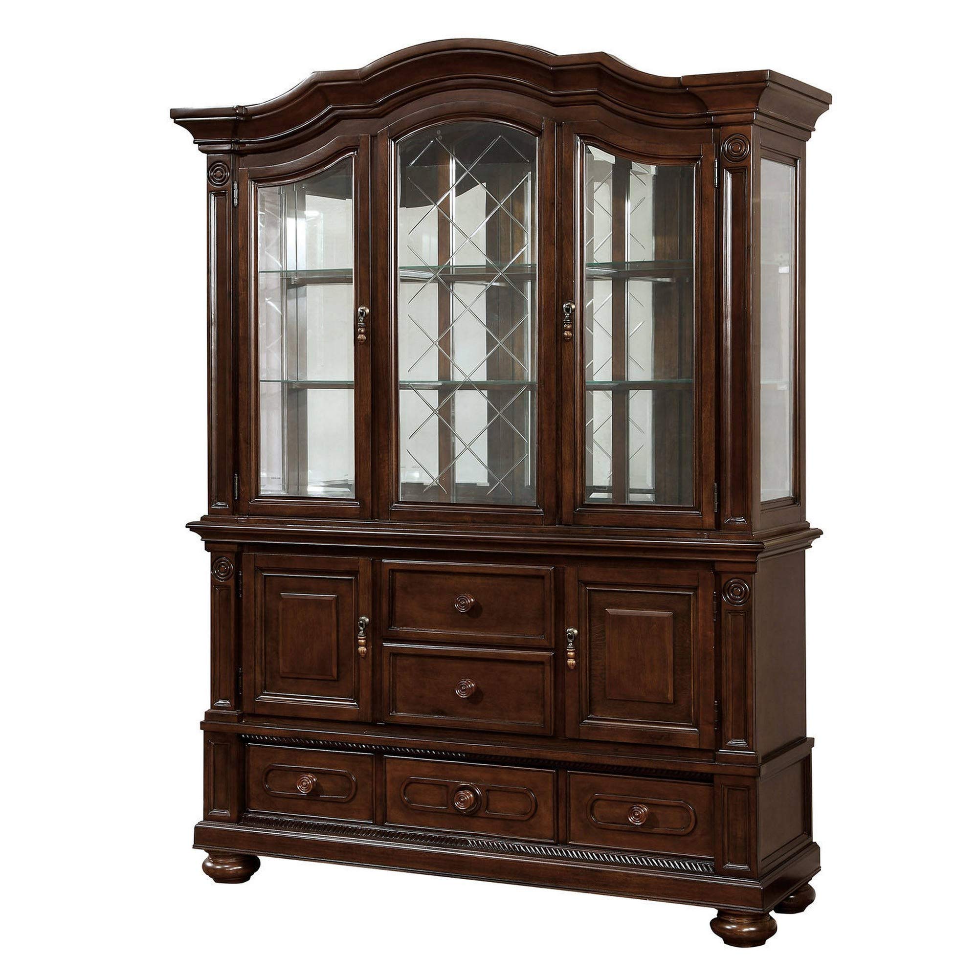 Benjara Wooden Buffet and Hutch Set with Display and Storage, Brown