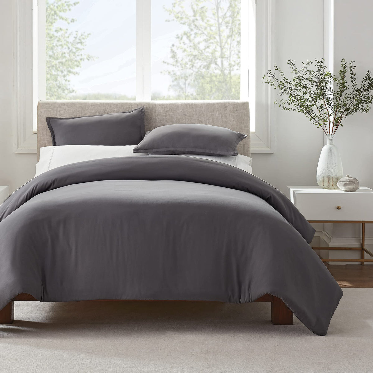 Serta Simply Clean Ultra Soft Hypoallergenic Stain Resistant 3 Piece Solid Duvet Cover Set, Grey, King