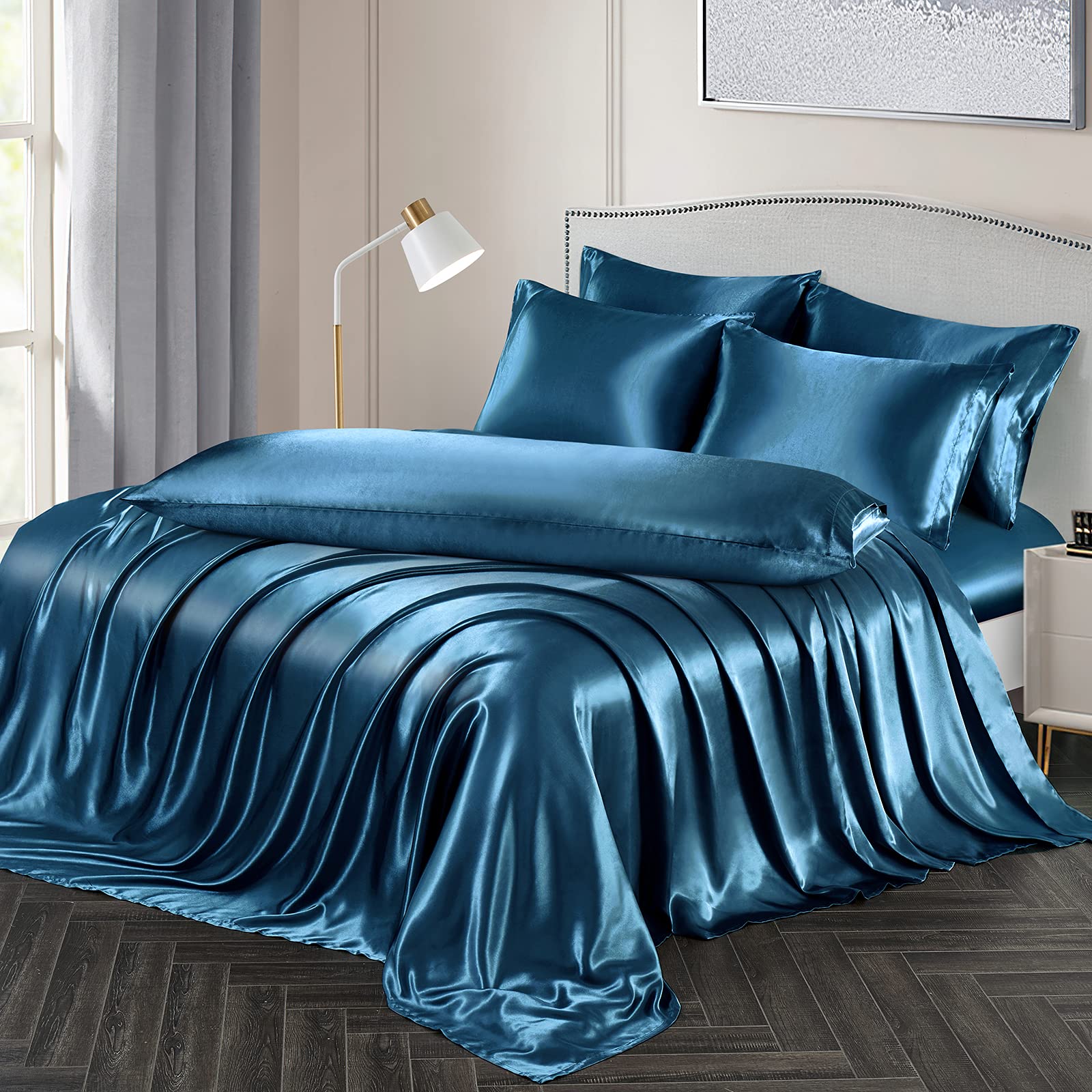 Ersmak 7 Pieces Satin Sheets Set King Size, Luxury Silky Navy Blue Satin Bed Sheets Set With 1 Deep Pocket Fitted Sheet, 1 Soft
