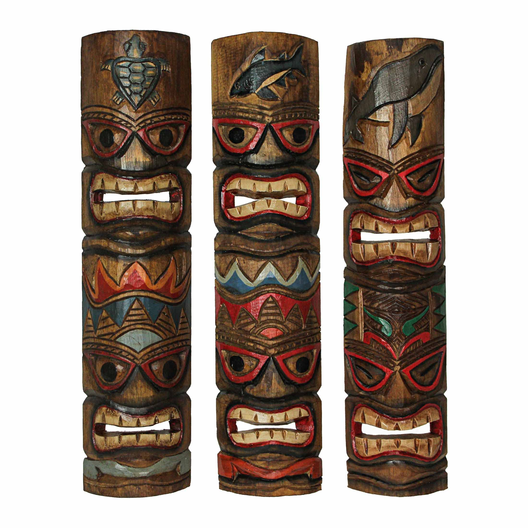 Zeckos Set of 3 Hand-Carved Brown Wood Double Tiki Mask Ocean Animal Totem Wall Decor Sculptures - 24 Inches High - Artisan Craf