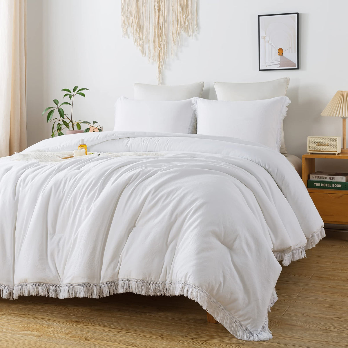 Andency White Comforter Set Full, 3 Pieces Boho Lightweight Bedding Comforters & Sets, All Season Soft Fluffy Tassel Bed Set (79X90In Comforter & 2 Pillowcases)